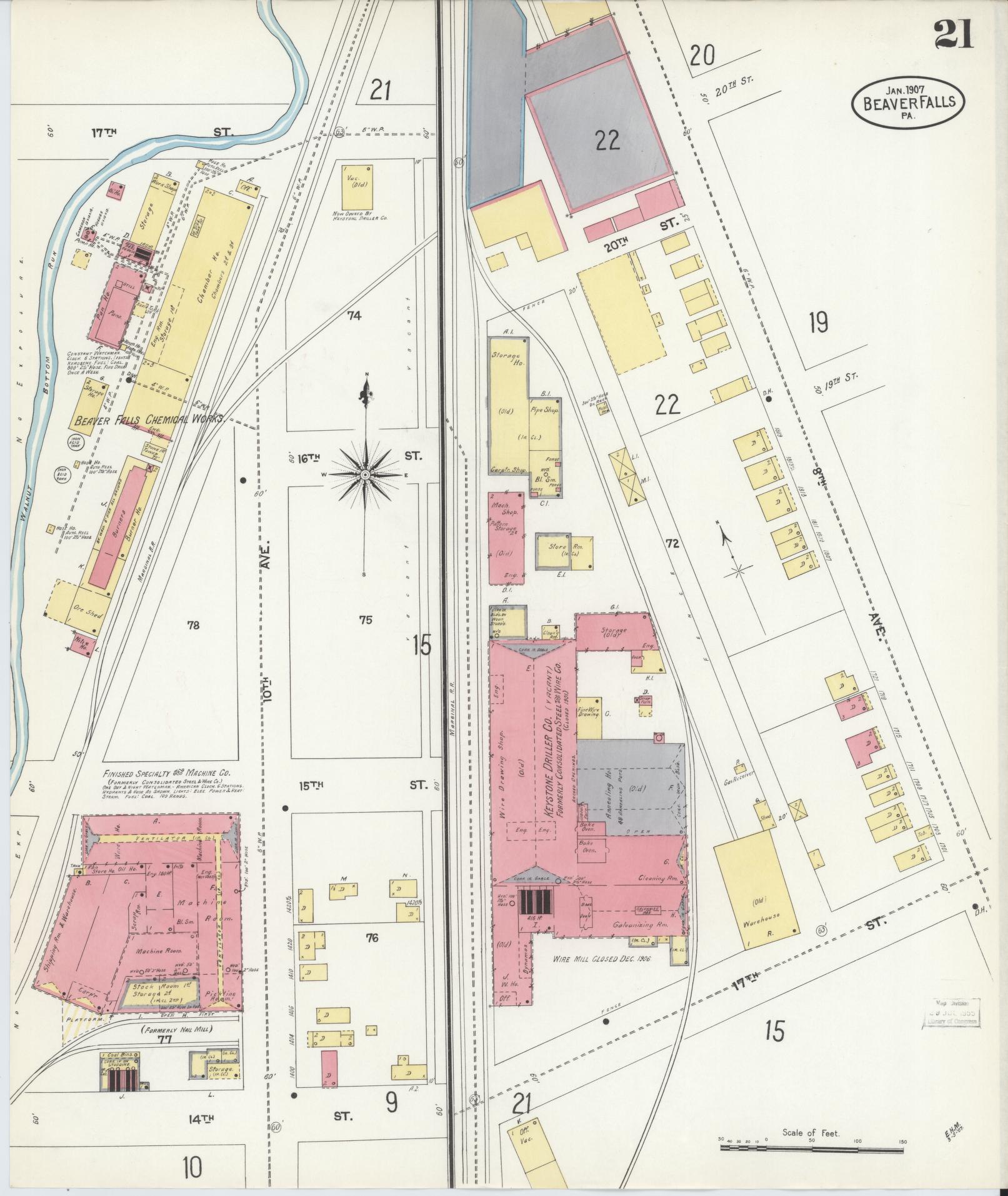Sanborn Fire Insurance Map from Beaver Falls, Beaver County, Pennsylvania (1907), Sheet #0021 - Historic Sanborn Fire Insurance Map Print, vintage old map wall art, antique decor, genealogy gift, Pennsylvania Pennsylvania map