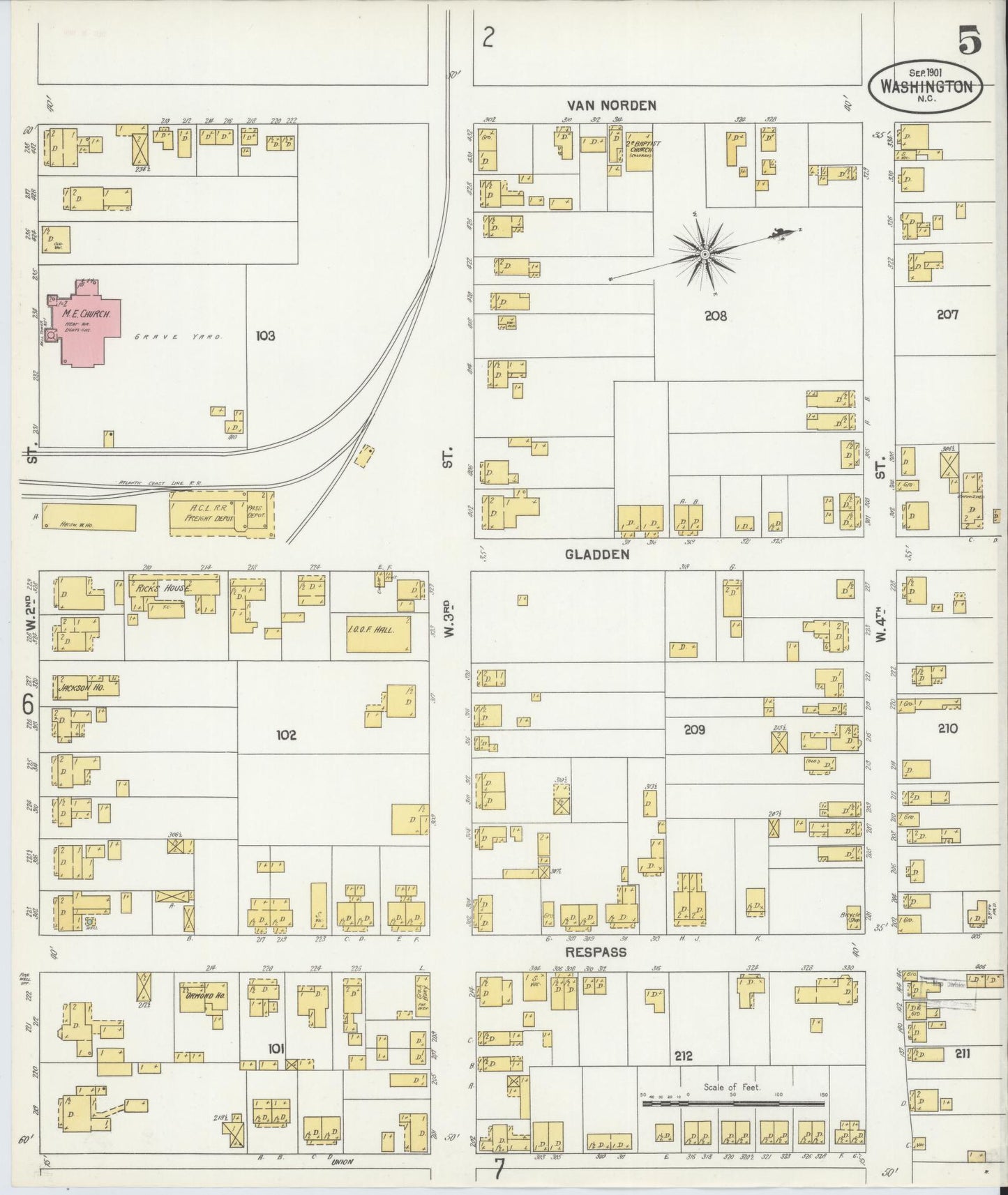 Sanborn Fire Insurance Map from Washington, Beaufort County, North Carolina (1901), Sheet #0005 - Complete Map Set gallery image, historic Sanborn map, vintage wall art, North Carolina North Carolina