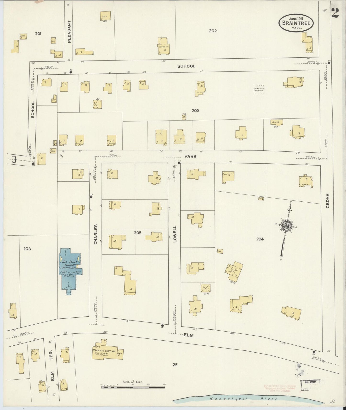 Sanborn Fire Insurance Map from Braintree, Norfolk County, Massachusetts (1911), Sheet #0002 - Historic Sanborn Fire Insurance Map Print, vintage old map wall art, antique decor, genealogy gift, Massachusetts Massachusetts map