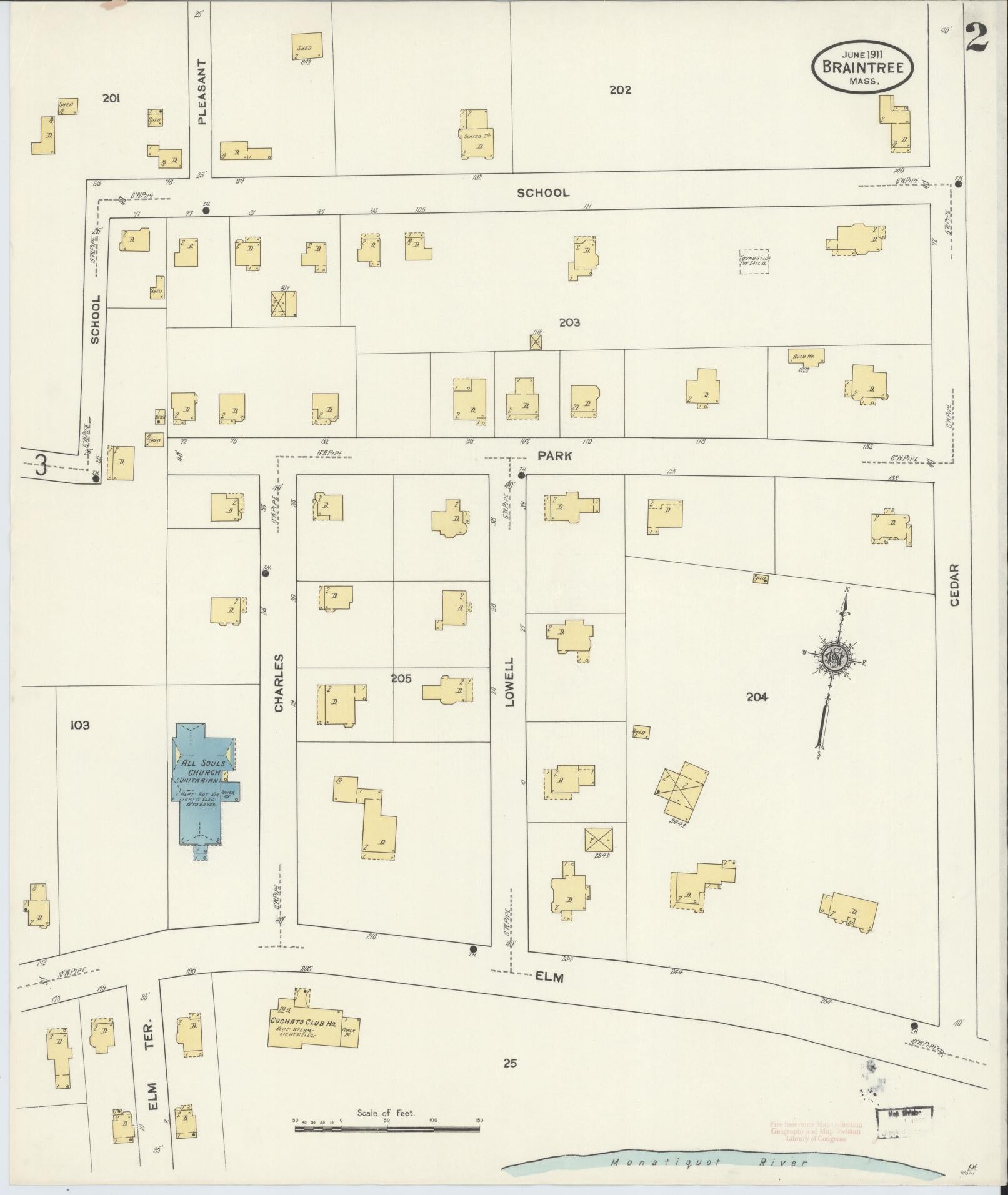 Sanborn Fire Insurance Map from Braintree, Norfolk County, Massachusetts (1911), Sheet #0002 - Historic Sanborn Fire Insurance Map Print, vintage old map wall art, antique decor, genealogy gift, Massachusetts Massachusetts map