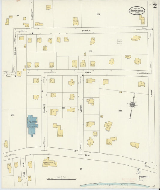 Sanborn Fire Insurance Map from Braintree, Norfolk County, Massachusetts (1911), Sheet #0002 - Historic Sanborn Fire Insurance Map Print, vintage old map wall art, antique decor, genealogy gift, Massachusetts Massachusetts map