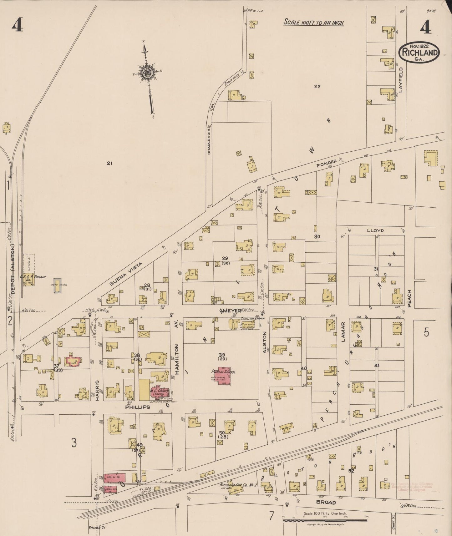 Sanborn Fire Insurance Map from Richland, Stewart County, Georgia (1922), Sheet #0004 - Complete Map Set gallery image, historic Sanborn map, vintage wall art, Georgia Georgia