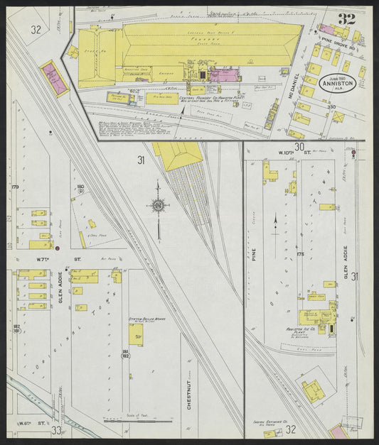 Sanborn Fire Insurance Map from Anniston, Calhoun County, Alabama (1910), Sheet #0032 - Historic Sanborn Fire Insurance Map Print, vintage old map wall art, antique decor, genealogy gift, Alabama Alabama map
