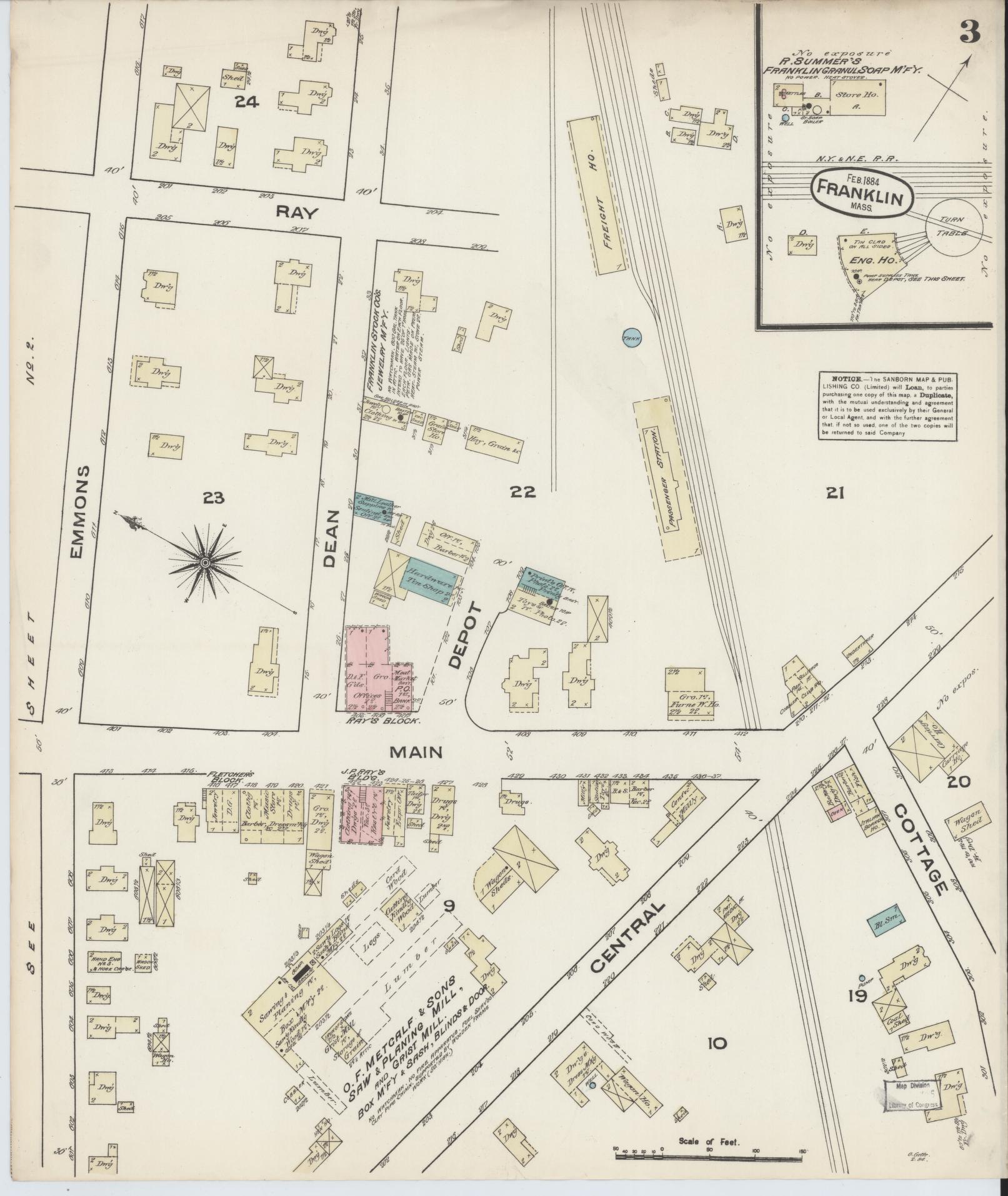 Sanborn Fire Insurance Map from Franklin, Norfolk County, Massachusetts (1884), Sheet #0003 - Complete Map Set gallery image, historic Sanborn map, vintage wall art, Massachusetts Massachusetts