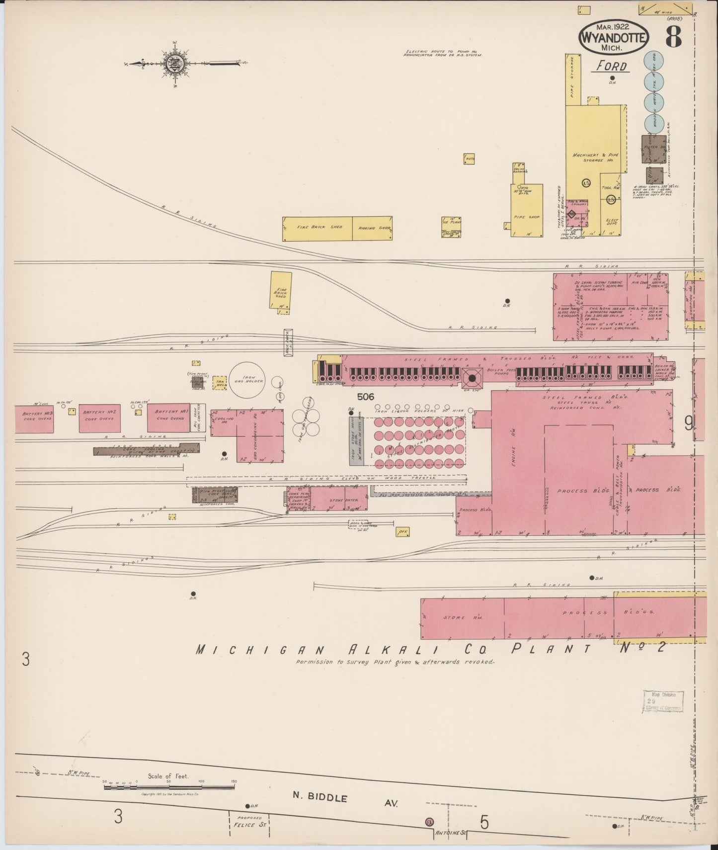Sanborn Fire Insurance Map from Wyandotte, Wayne County, Michigan (1922), Sheet #0008 - Historic Sanborn Fire Insurance Map Print, vintage old map wall art, antique decor, genealogy gift, Michigan Michigan map