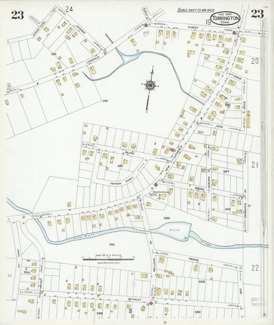 Sanborn Fire Insurance Map from Torrington, Litchfield County, Connecticut (1924), Sheet #0023 - Historic Sanborn Fire Insurance Map Print, vintage old map wall art, antique decor, genealogy gift, Connecticut Connecticut map