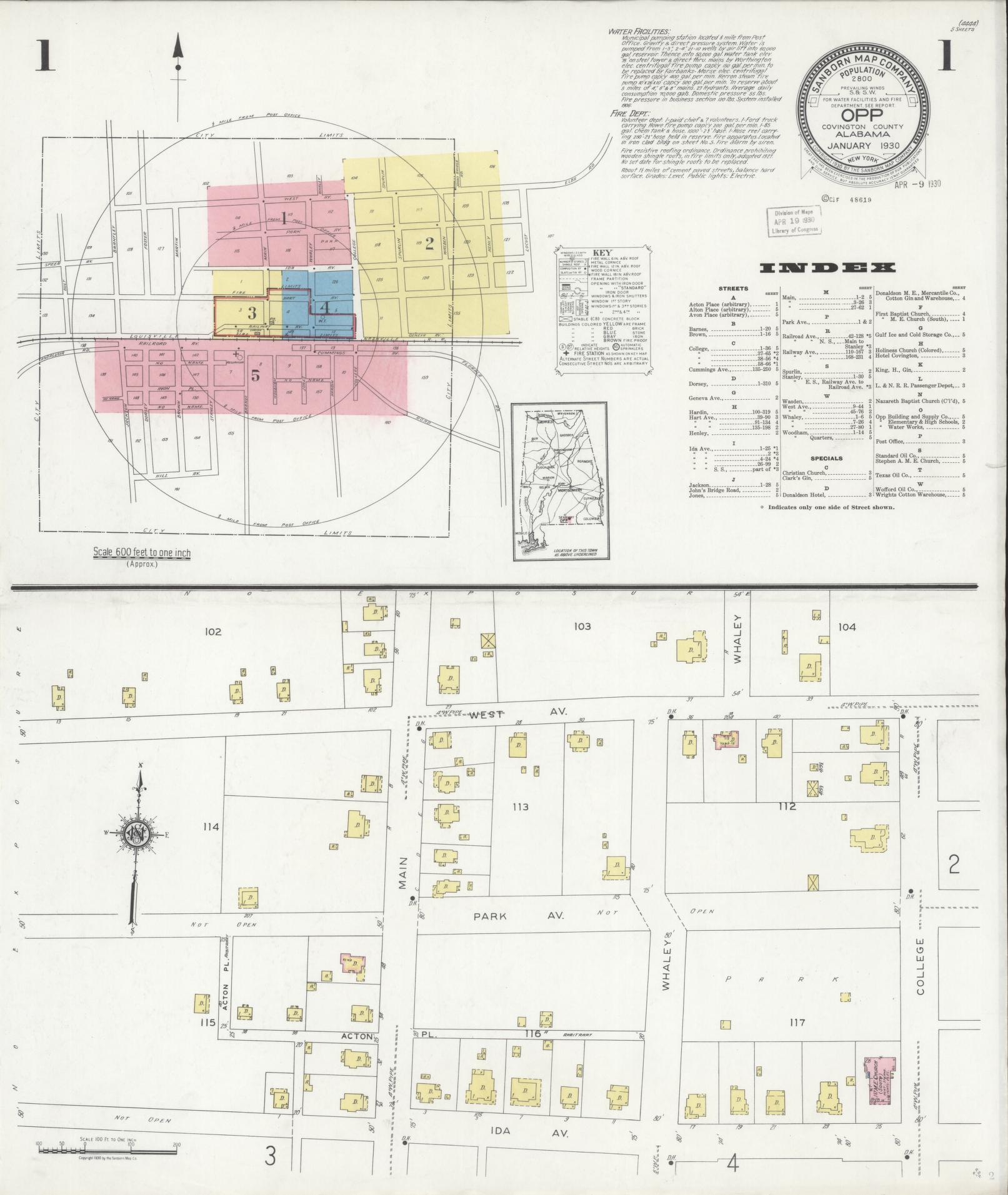 Sanborn Fire Insurance Map from Opp, Covington County, Alabama (1930), Sheet #0001 - Complete Map Set gallery image, historic Sanborn map, vintage wall art, Alabama Alabama
