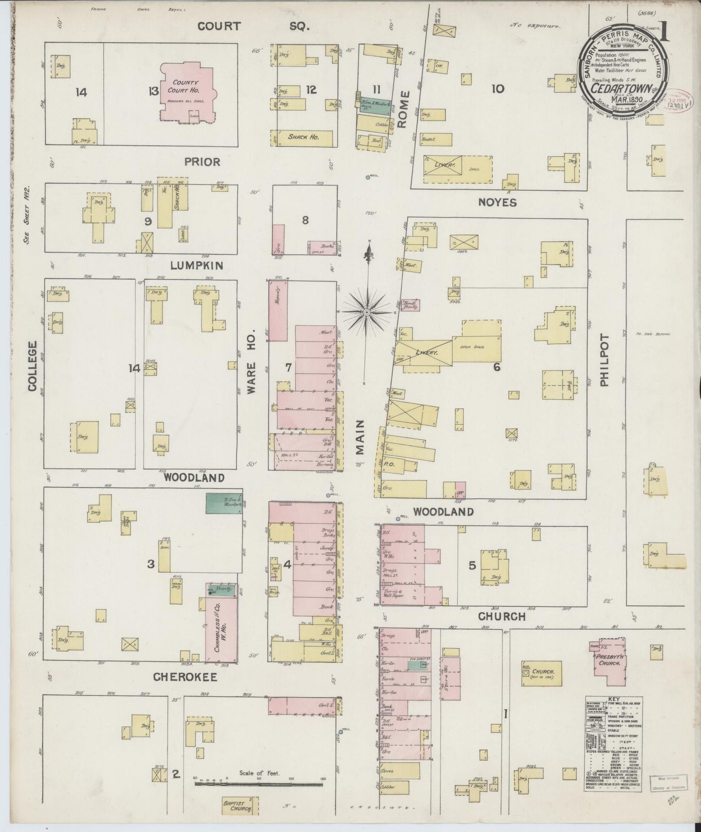Sanborn Fire Insurance Map from Cedartown, Polk County, Georgia (1890), Sheet #0001 - Historic Sanborn Fire Insurance Map Print, vintage old map wall art, antique decor, genealogy gift, Georgia Georgia map