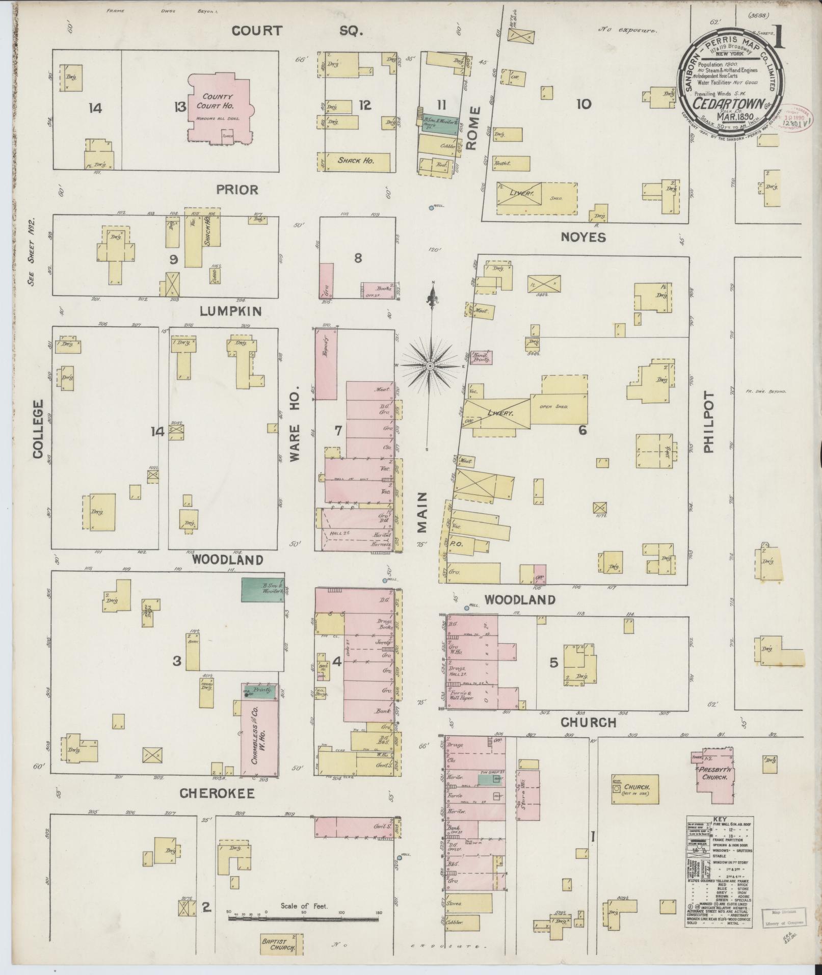 Sanborn Fire Insurance Map from Cedartown, Polk County, Georgia (1890), Sheet #0001 - Historic Sanborn Fire Insurance Map Print, vintage old map wall art, antique decor, genealogy gift, Georgia Georgia map