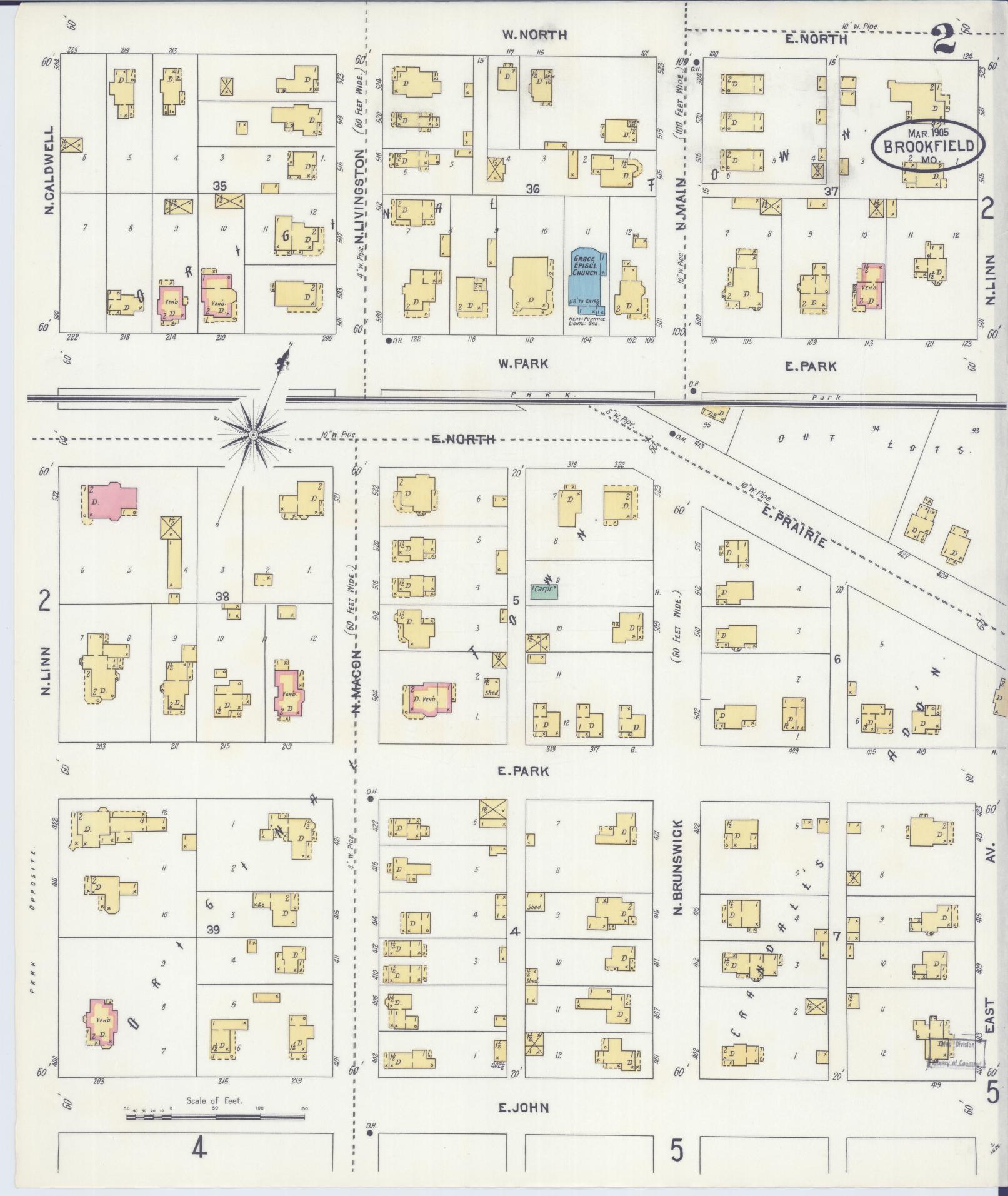 Sanborn Fire Insurance Map from Brookfield, Linn County, Missouri (1905), Sheet #0002 - Complete Map Set gallery image, historic Sanborn map, vintage wall art, Missouri Missouri