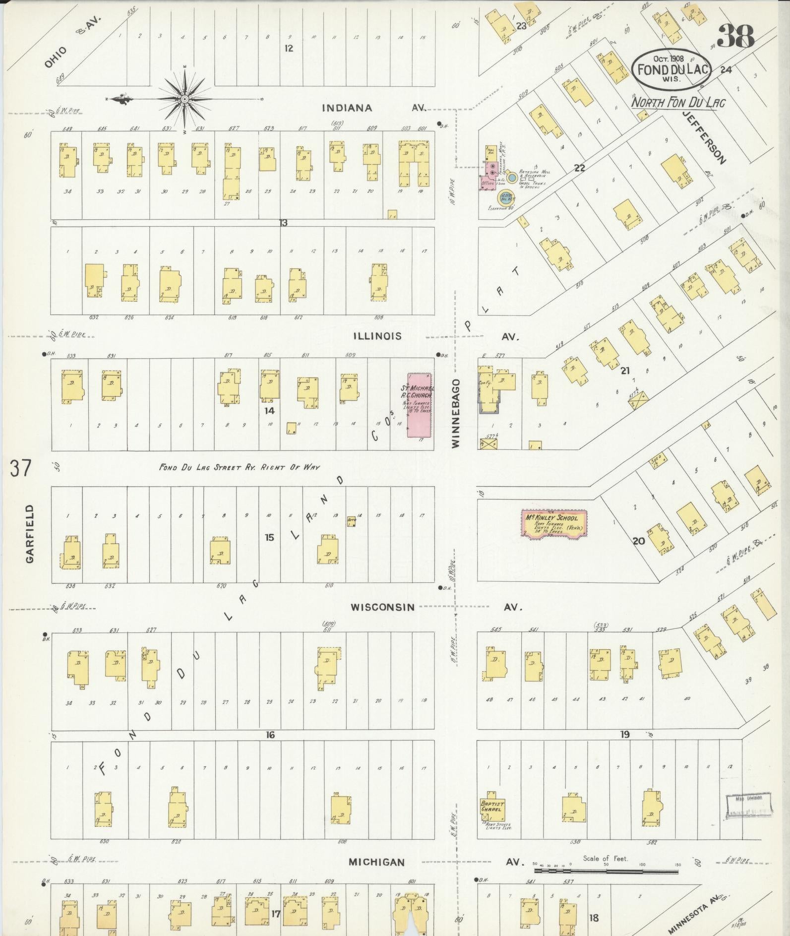 Sanborn Fire Insurance Map from Fond du Lac, Fond du Lac County, Wisconsin (1908), Sheet #0038 - Historic Sanborn Fire Insurance Map Print, vintage old map wall art, antique decor, genealogy gift, Wisconsin Wisconsin map