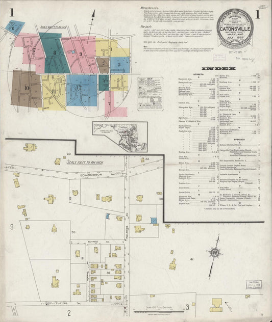 Sanborn Fire Insurance Map from Catonsville, Baltimore County, Maryland (1925), Sheet #0001 - Historic Sanborn Fire Insurance Map Print, vintage old map wall art, antique decor, genealogy gift, Maryland Maryland map