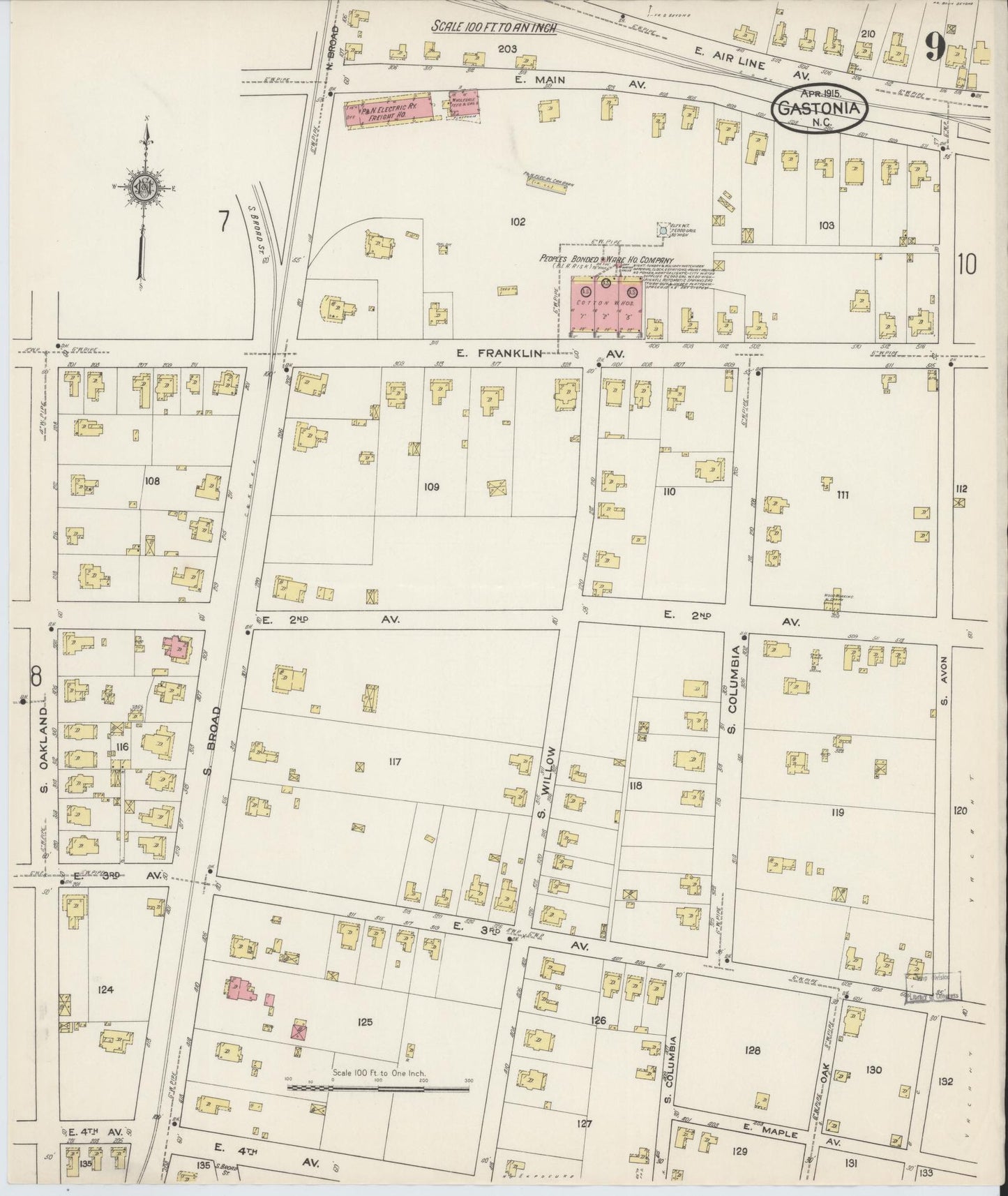 Sanborn Fire Insurance Map from Gastonia, Gaston County, North Carolina (1915), Sheet #0009 - Historic Sanborn Fire Insurance Map Print, vintage old map wall art, antique decor, genealogy gift, North Carolina North Carolina map