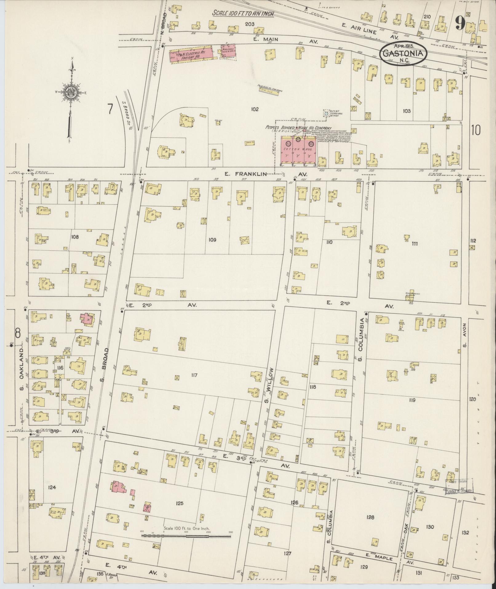 Sanborn Fire Insurance Map from Gastonia, Gaston County, North Carolina (1915), Sheet #0009 - Historic Sanborn Fire Insurance Map Print, vintage old map wall art, antique decor, genealogy gift, North Carolina North Carolina map