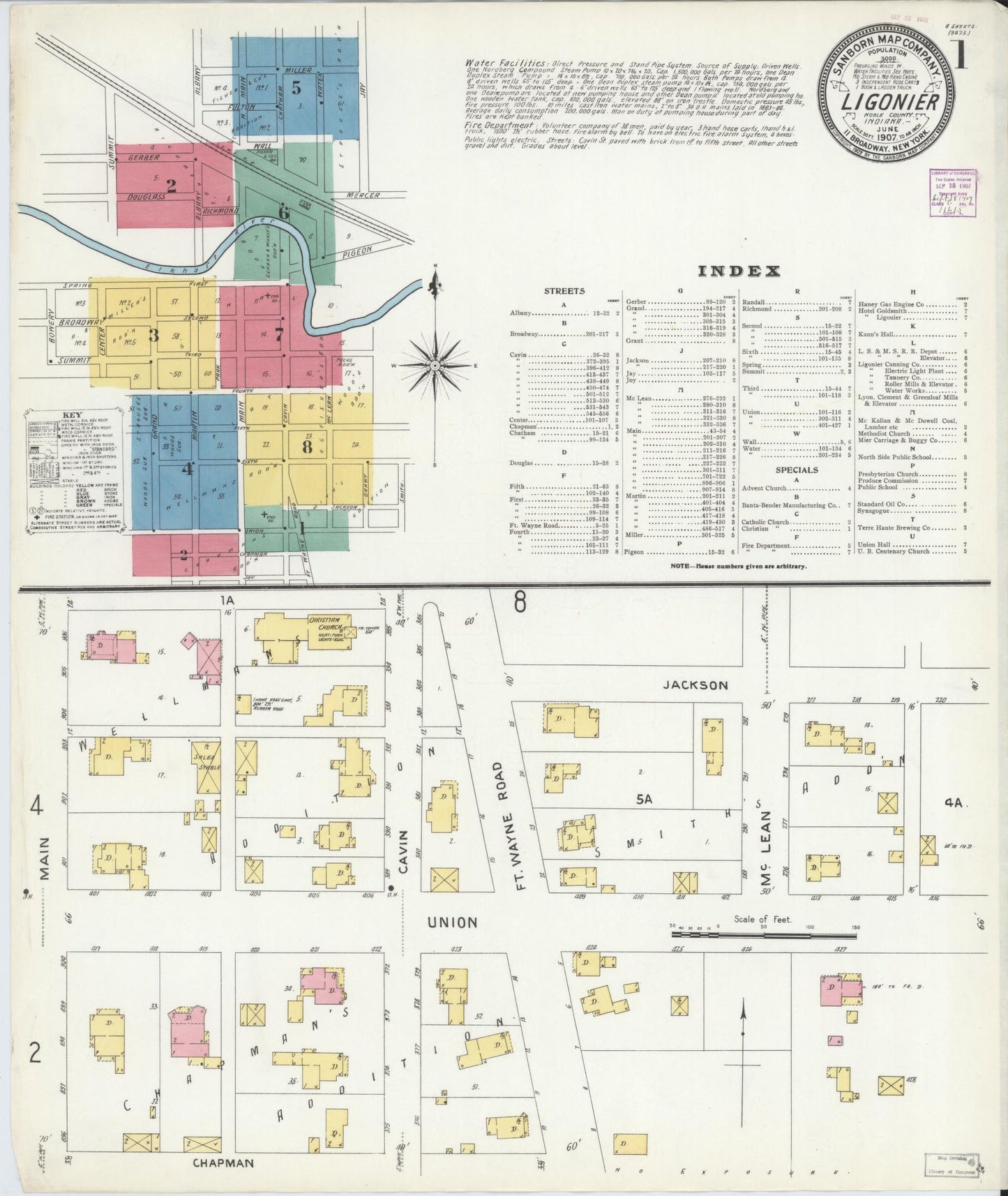 Sanborn Fire Insurance Map from Ligonier, Noble County, Indiana (1907), Sheet #0001 - Historic Sanborn Fire Insurance Map Print, vintage old map wall art, antique decor, genealogy gift, Indiana Indiana map