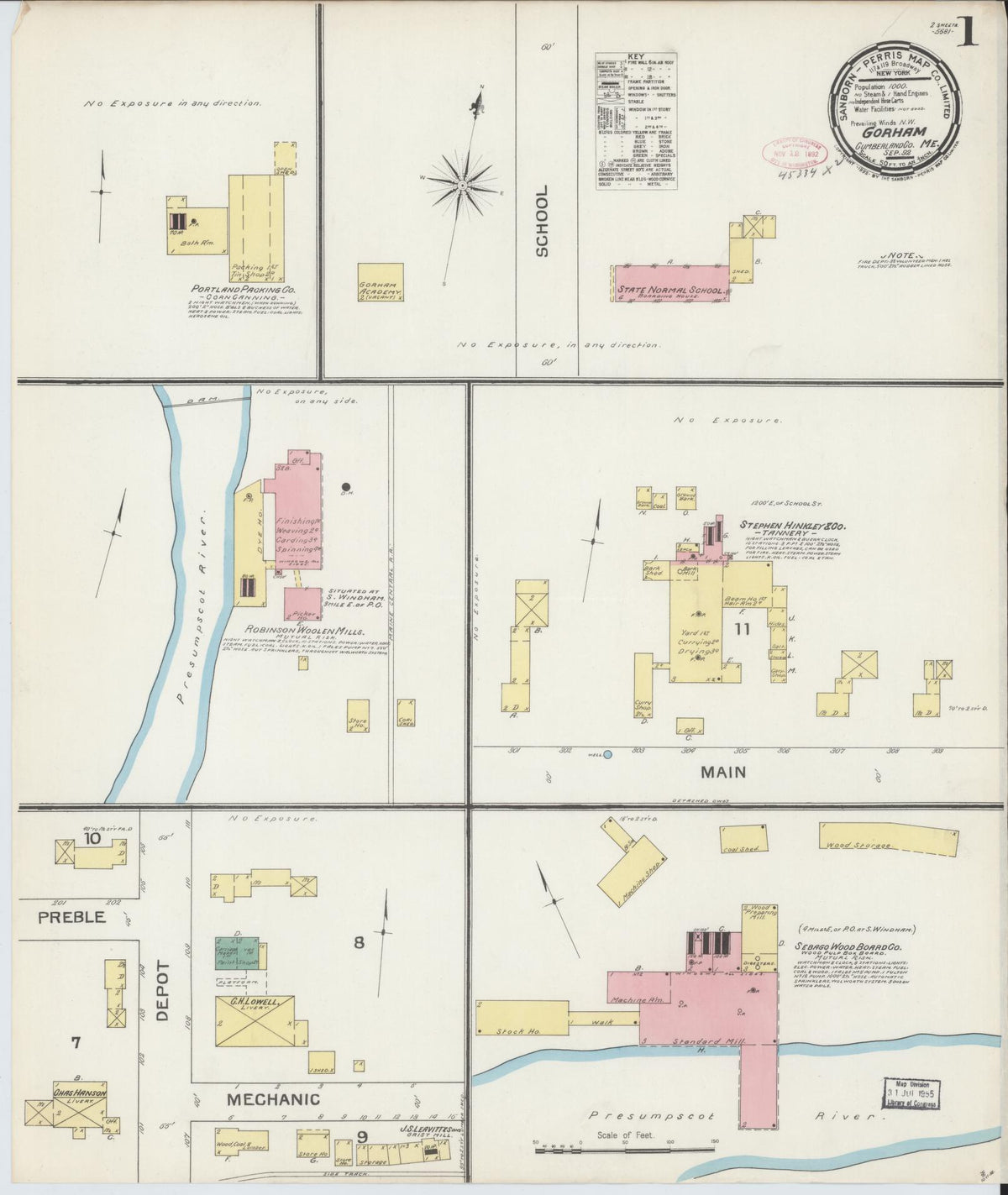 Sanborn Fire Insurance Map from Gorham, Cumberland County, Maine (1892), Sheet #0001 - Historic Sanborn Fire Insurance Map Print, vintage old map wall art, antique decor, genealogy gift, Maine Maine map