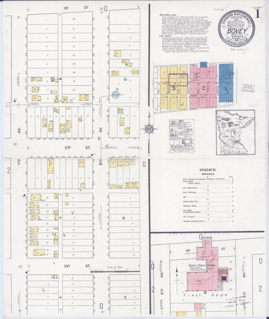 Sanborn Fire Insurance Map from Bovey, Itasca County, Minnesota (1921), Sheet #0001 - Complete Map Set gallery image, historic Sanborn map, vintage wall art, Minnesota Minnesota