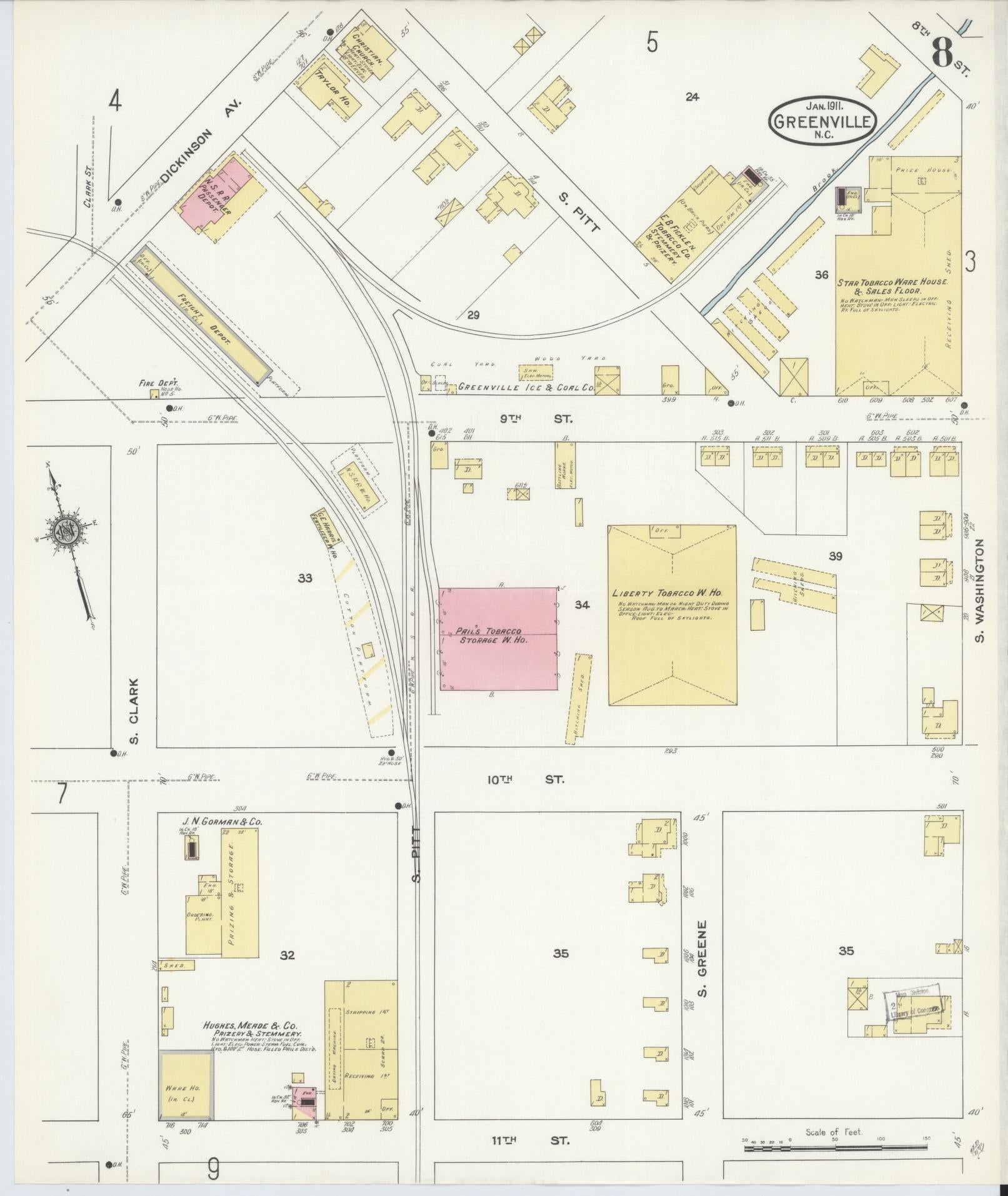 Sanborn Fire Insurance Map from Greenville, Pitt County, North Carolina (1911), Sheet #0008 - Complete Map Set gallery image, historic Sanborn map, vintage wall art, North Carolina North Carolina