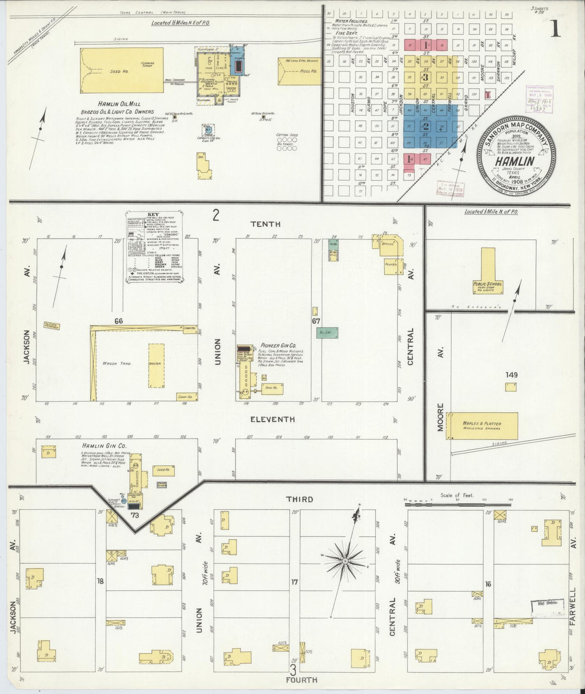 Sanborn Fire Insurance Map from Hamlin, Jones County, Texas (1908), Sheet #0001 - Historic Sanborn Fire Insurance Map Print, vintage old map wall art, antique decor, genealogy gift, Texas Texas map
