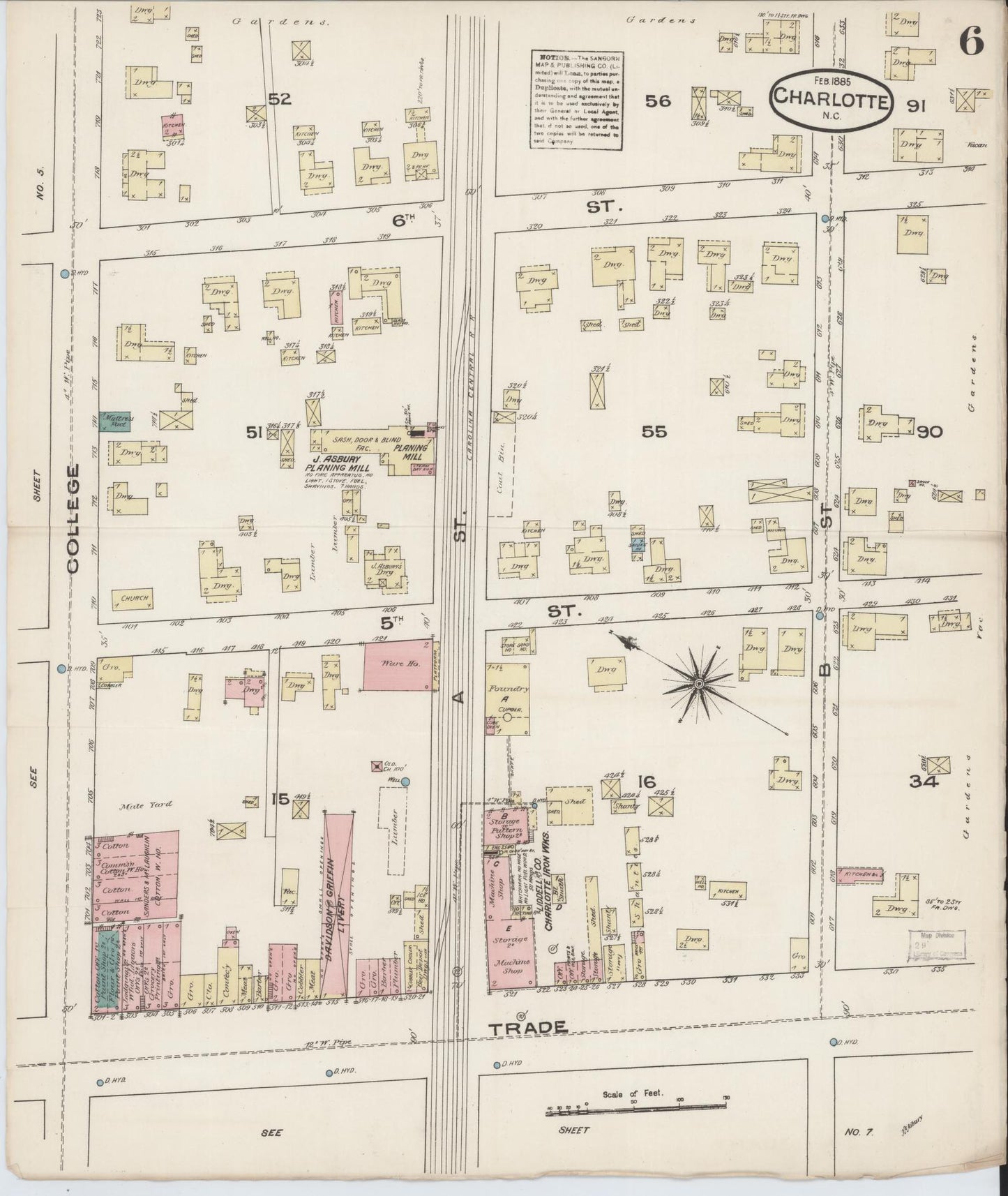 Sanborn Fire Insurance Map from Charlotte, Mecklenburg County, North Carolina (1885), Sheet #0006 - Historic Sanborn Fire Insurance Map Print, vintage old map wall art, antique decor, genealogy gift, North Carolina North Carolina map