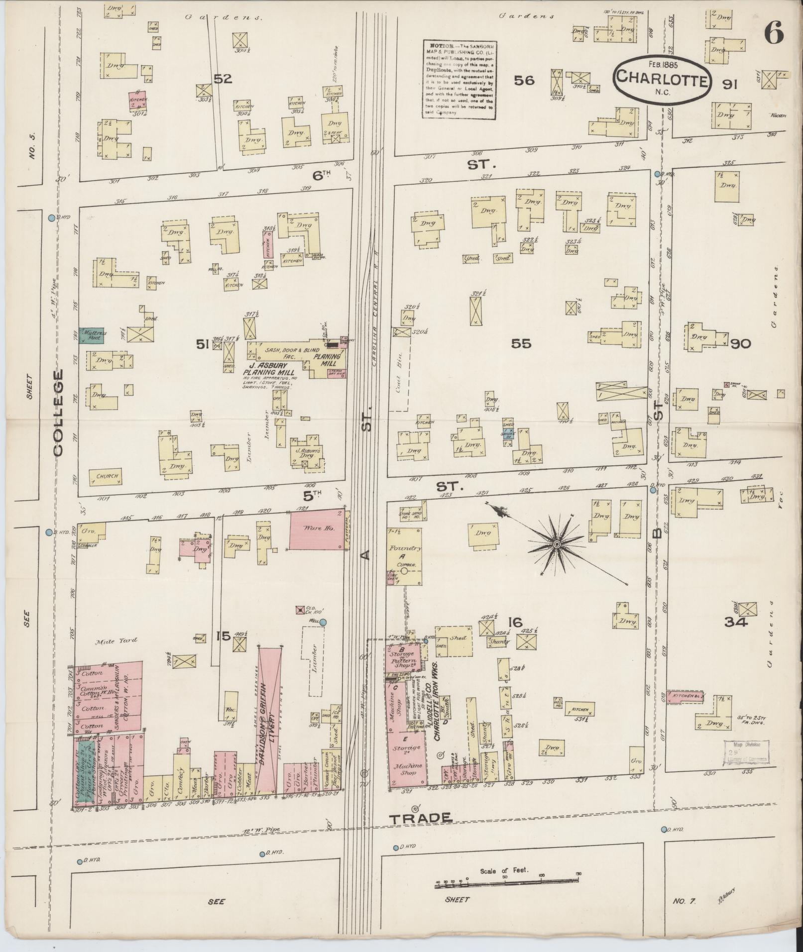Sanborn Fire Insurance Map from Charlotte, Mecklenburg County, North Carolina (1885), Sheet #0006 - Historic Sanborn Fire Insurance Map Print, vintage old map wall art, antique decor, genealogy gift, North Carolina North Carolina map