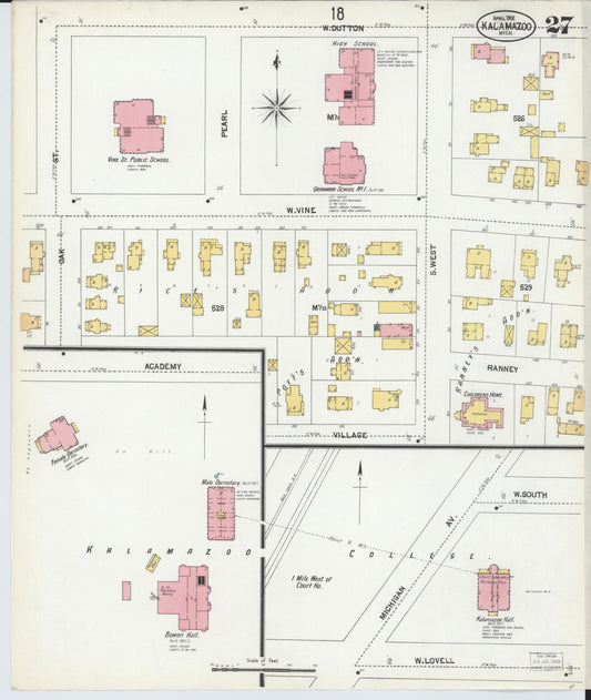 Sanborn Fire Insurance Map from Kalamazoo, Kalamazoo County, Michigan (1902), Sheet #0027 - Historic Sanborn Fire Insurance Map Print, vintage old map wall art, antique decor, genealogy gift, Michigan Michigan map