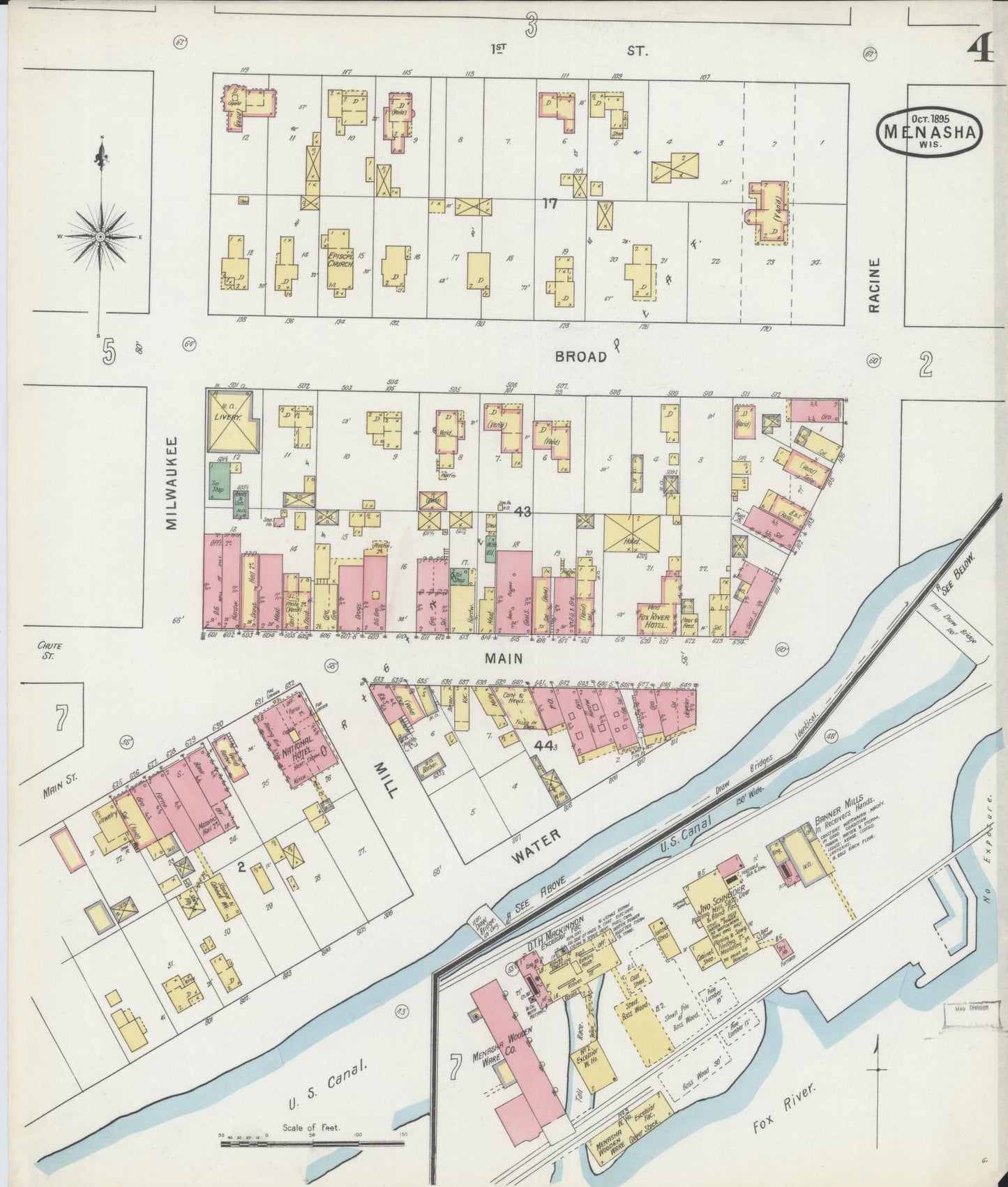 Sanborn Fire Insurance Map from Menasha, Winnebago County, Wisconsin (1895), Sheet #0004 - Historic Sanborn Fire Insurance Map Print, vintage old map wall art, antique decor, genealogy gift, Wisconsin Wisconsin map