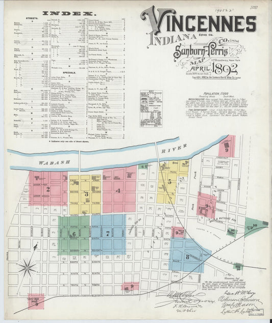 Sanborn Fire Insurance Map from Vincennes, Knox County, Indiana (1892), Sheet #0001 - Historic Sanborn Fire Insurance Map Print, vintage old map wall art, antique decor, genealogy gift, Indiana Indiana map