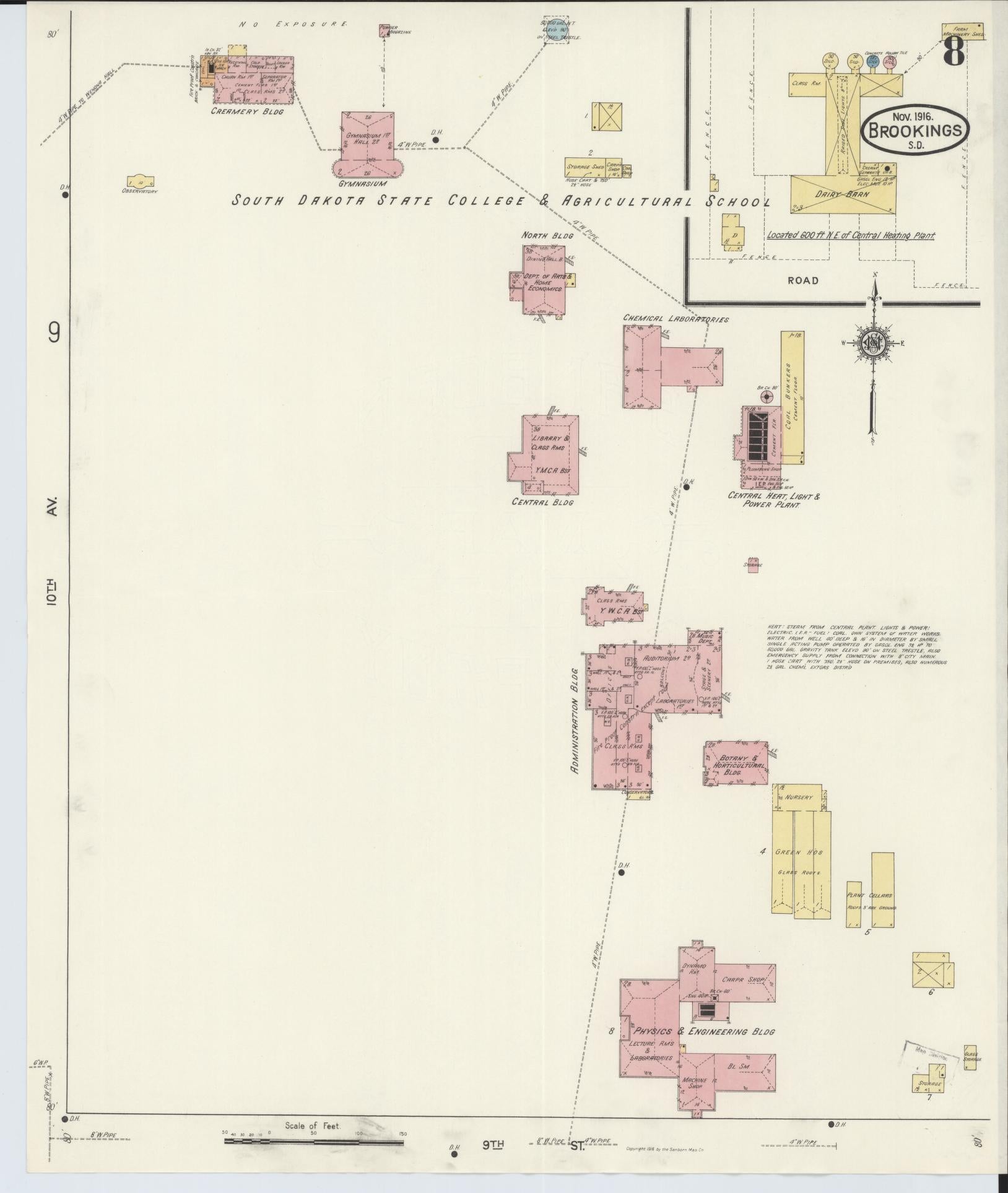 Sanborn Fire Insurance Map from Brookings, Brookings County, South Dakota (1916), Sheet #0008 - Complete Map Set gallery image, historic Sanborn map, vintage wall art, South Dakota South Dakota