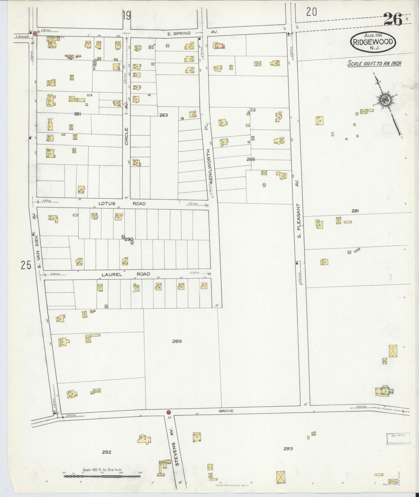 Sanborn Fire Insurance Map from Ridgewood, Bergen County, New Jersey (1916), Sheet #0026 - Complete Map Set gallery image, historic Sanborn map, vintage wall art, New Jersey New Jersey