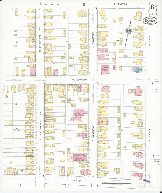 Sanborn Fire Insurance Map from Dover, Kent County, Delaware (1919), Sheet #0008 - Historic Sanborn Fire Insurance Map Print, vintage old map wall art, antique decor, genealogy gift, Delaware Delaware map