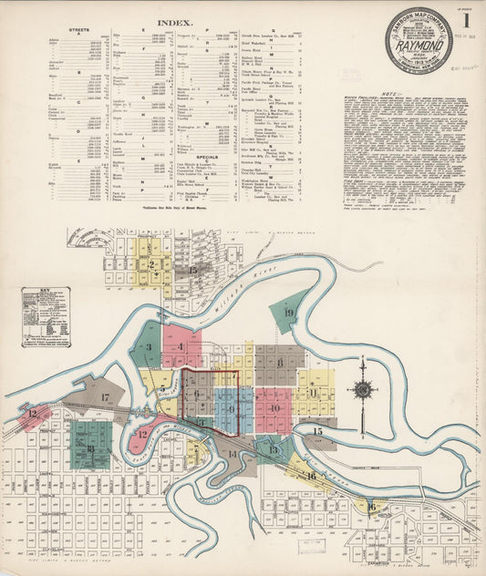 Sanborn Fire Insurance Map from Raymond, Pacific County, Washington (1913), Sheet #0001 - Historic Sanborn Fire Insurance Map Print, vintage old map wall art, antique decor, genealogy gift, Washington Washington map