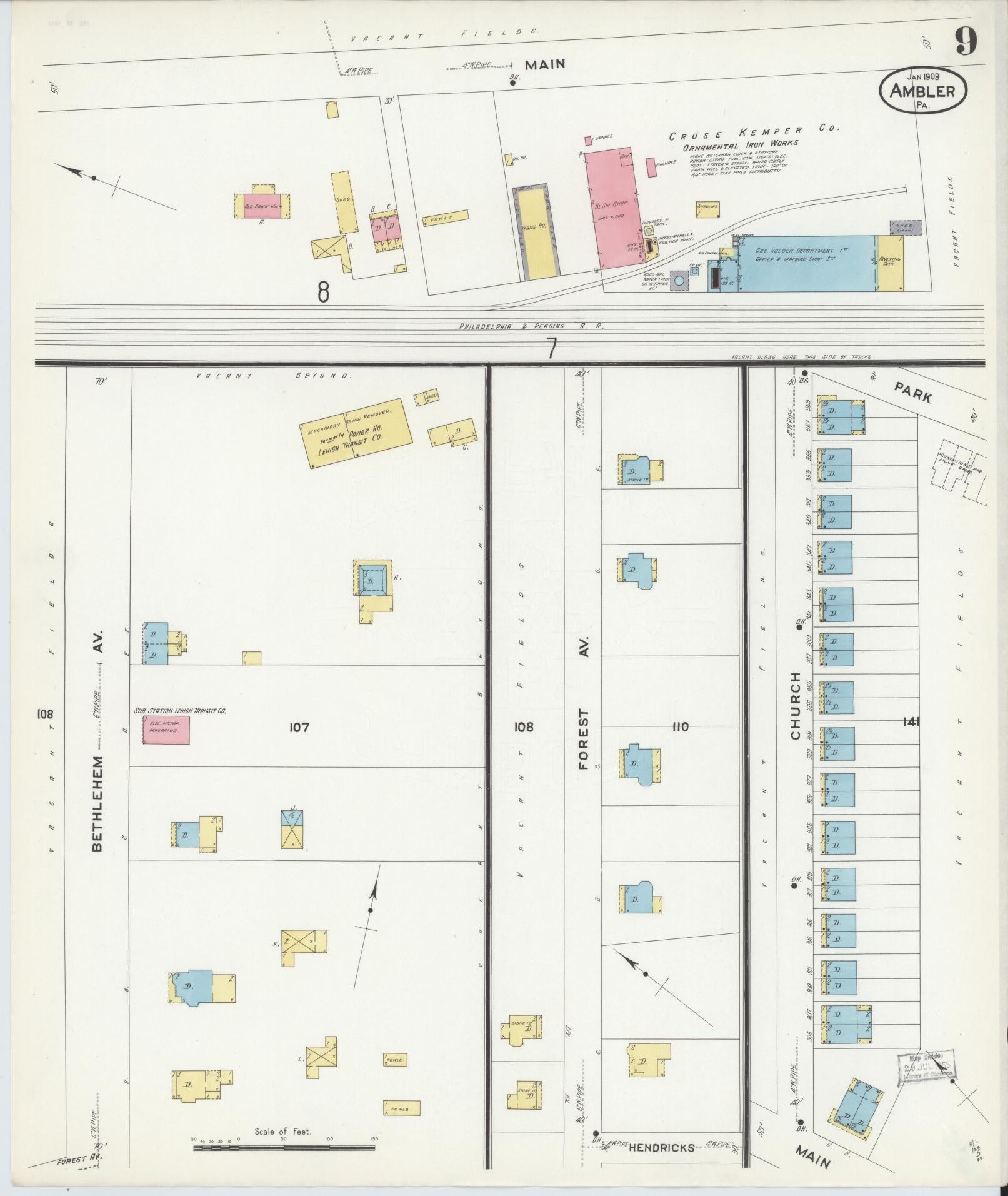Sanborn Fire Insurance Map from Ambler, Montgomery County, Pennsylvania (1909), Sheet #0009 - Historic Sanborn Fire Insurance Map Print, vintage old map wall art, antique decor, genealogy gift, Pennsylvania Pennsylvania map