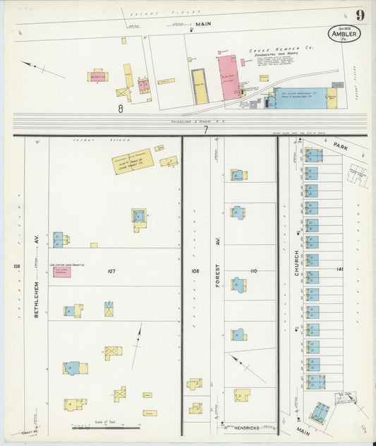 Sanborn Fire Insurance Map from Ambler, Montgomery County, Pennsylvania (1909), Sheet #0009 - Historic Sanborn Fire Insurance Map Print, vintage old map wall art, antique decor, genealogy gift, Pennsylvania Pennsylvania map