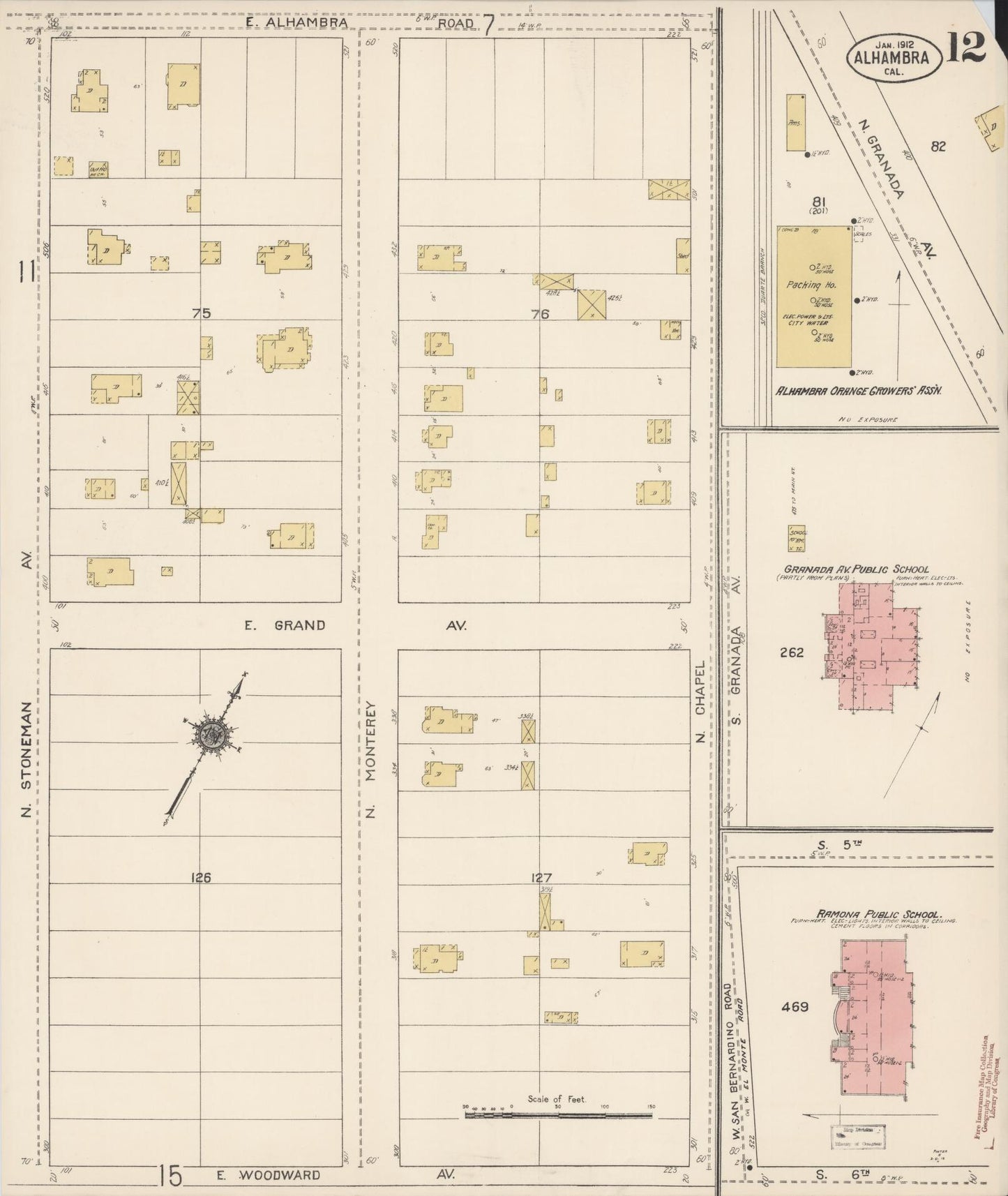 Sanborn Fire Insurance Map from Alhambra, Los Angeles County, California (1912), Sheet #0012 - Historic Sanborn Fire Insurance Map Print, vintage old map wall art, antique decor, genealogy gift, California California map