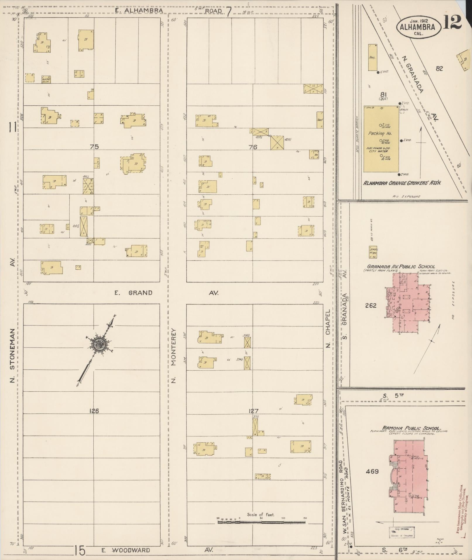 Sanborn Fire Insurance Map from Alhambra, Los Angeles County, California (1912), Sheet #0012 - Historic Sanborn Fire Insurance Map Print, vintage old map wall art, antique decor, genealogy gift, California California map