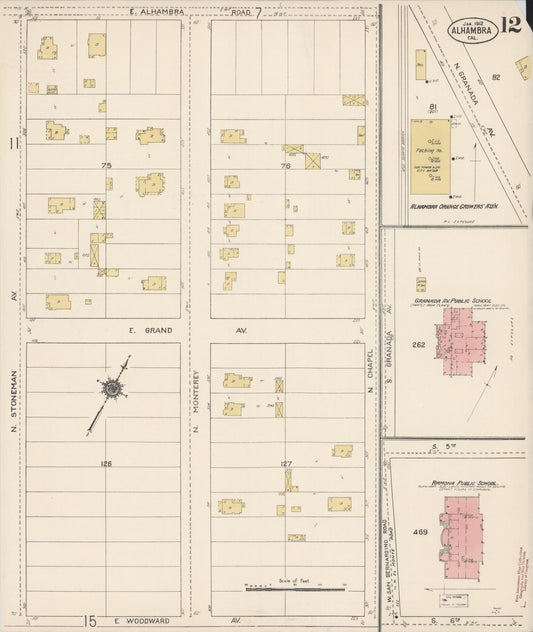 Sanborn Fire Insurance Map from Alhambra, Los Angeles County, California (1912), Sheet #0012 - Historic Sanborn Fire Insurance Map Print, vintage old map wall art, antique decor, genealogy gift, California California map
