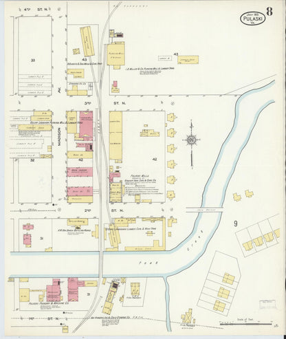 Sanborn Fire Insurance Map from Pulaski, Pulaski County, Virginia (1913), Sheet #0008 - Historic Sanborn Fire Insurance Map Print, vintage old map wall art, antique decor, genealogy gift, Virginia Virginia map