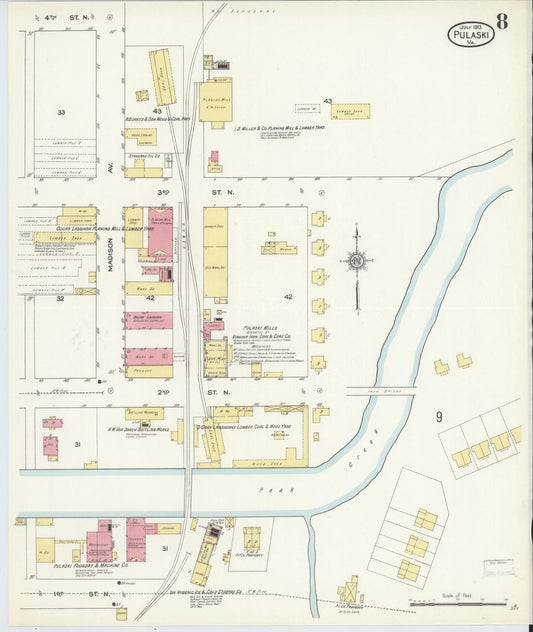 Sanborn Fire Insurance Map from Pulaski, Pulaski County, Virginia (1913), Sheet #0008 - Historic Sanborn Fire Insurance Map Print, vintage old map wall art, antique decor, genealogy gift, Virginia Virginia map