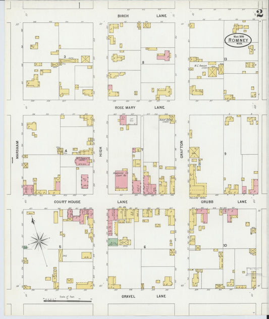 Sanborn Fire Insurance Map from Romney, Hampshire County, West Virginia (1899), Sheet #0002 - Historic Sanborn Fire Insurance Map Print, vintage old map wall art, antique decor, genealogy gift, West Virginia West Virginia map
