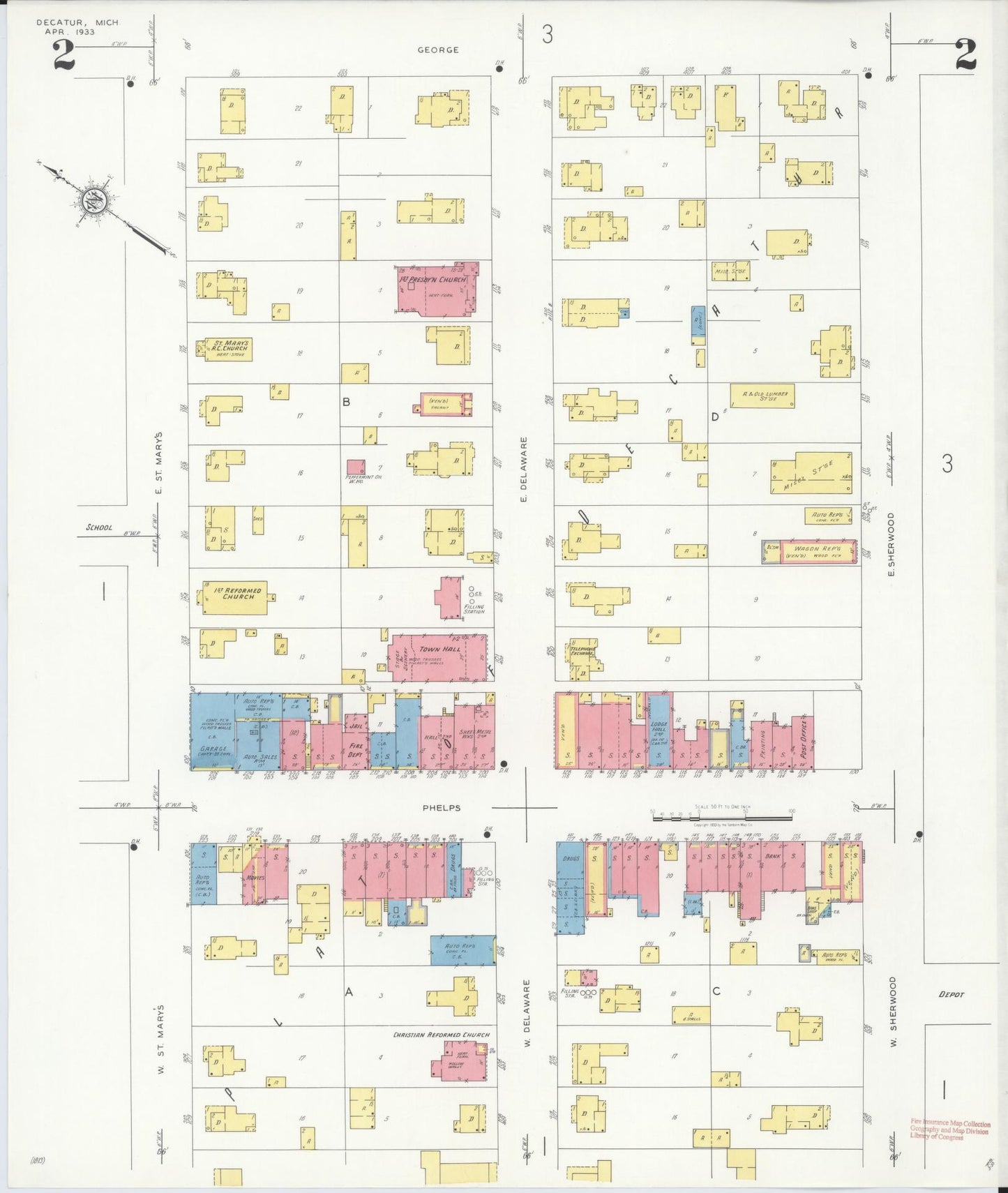 Sanborn Fire Insurance Map from Decatur, Van Buren County, Michigan (1933), Sheet #0002 - Historic Sanborn Fire Insurance Map Print, vintage old map wall art, antique decor, genealogy gift, Michigan Michigan map