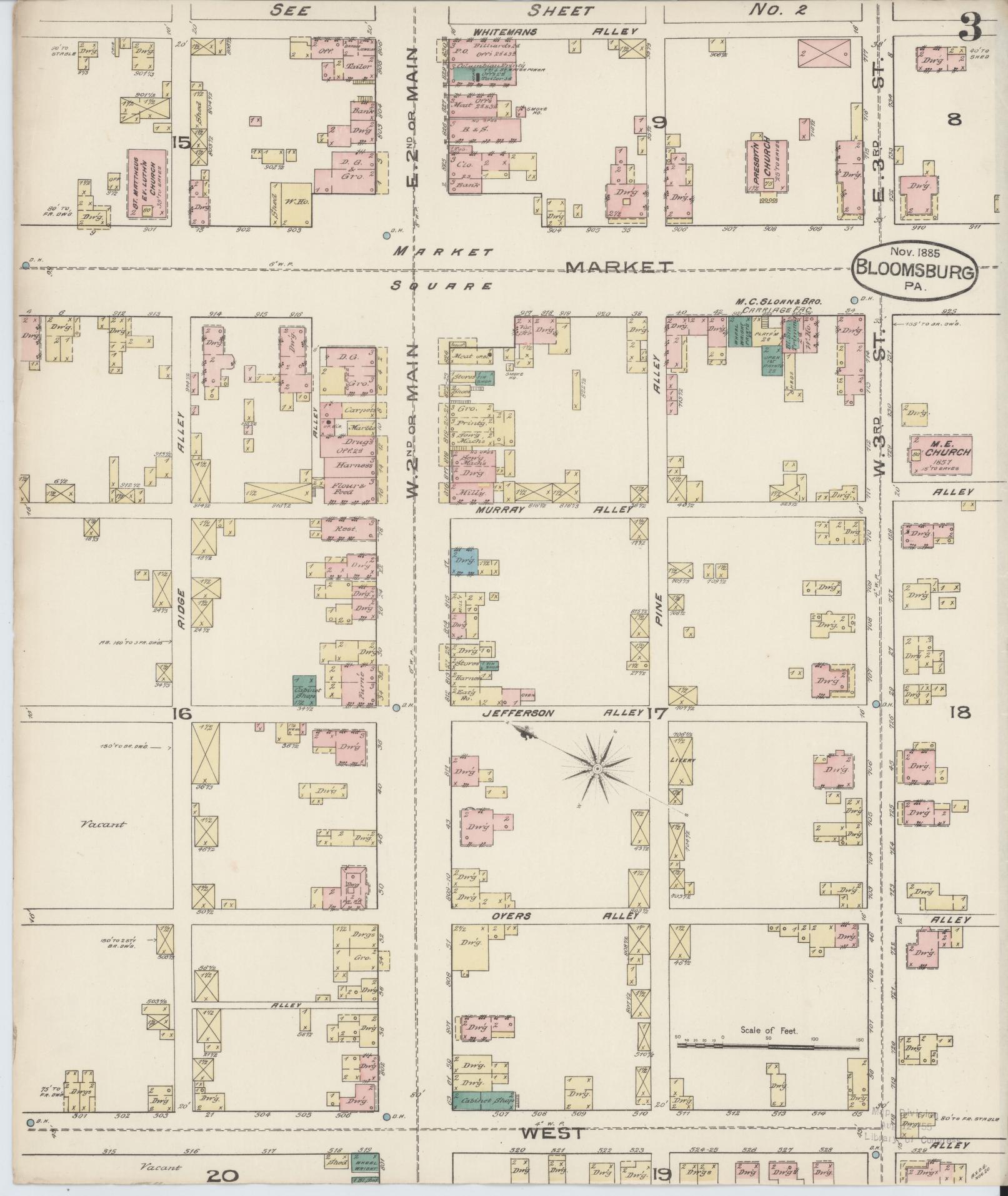 Sanborn Fire Insurance Map from Bloomsburg, Columbia County, Pennsylvania (1885), Sheet #0003 - Historic Sanborn Fire Insurance Map Print, vintage old map wall art, antique decor, genealogy gift, Pennsylvania Pennsylvania map