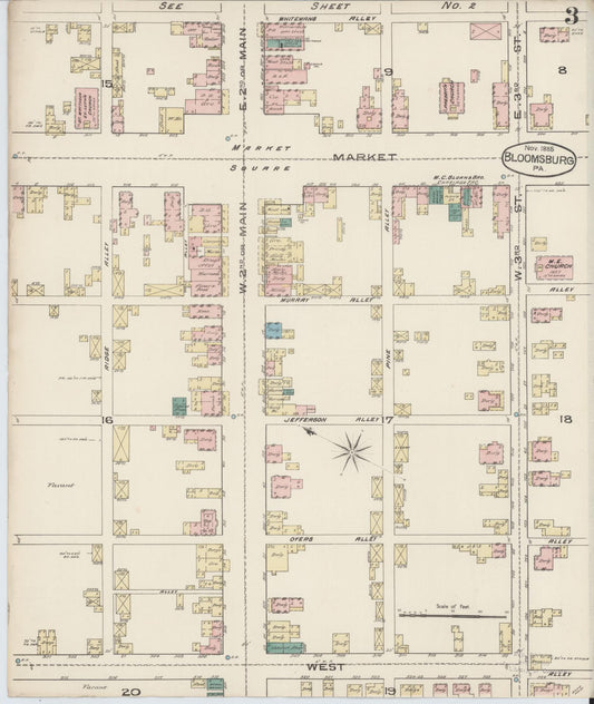 Sanborn Fire Insurance Map from Bloomsburg, Columbia County, Pennsylvania (1885), Sheet #0003 - Historic Sanborn Fire Insurance Map Print, vintage old map wall art, antique decor, genealogy gift, Pennsylvania Pennsylvania map