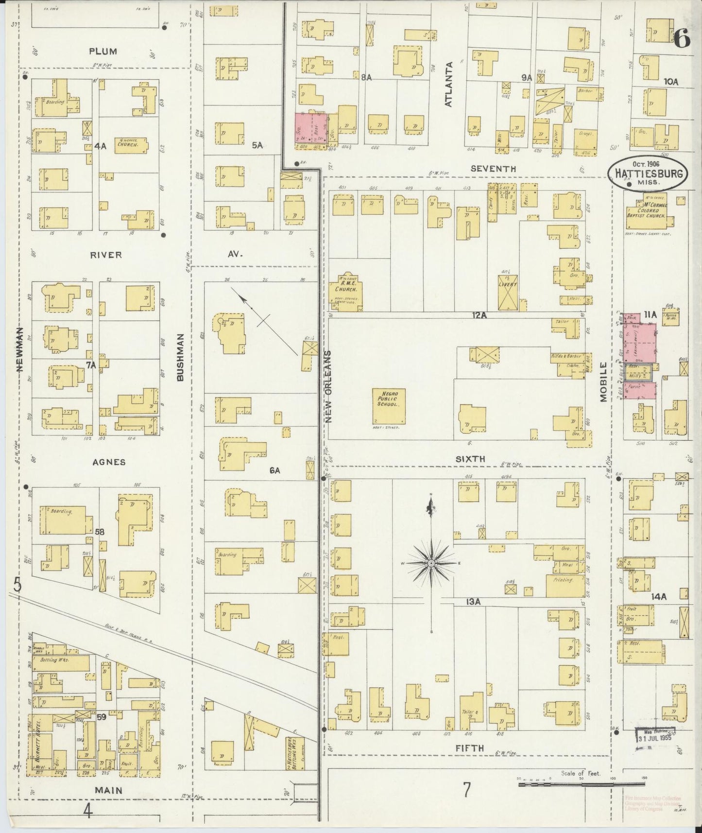 Sanborn Fire Insurance Map from Hattiesburg, Forrest County, Mississippi (1906), Sheet #0006 - Complete Map Set gallery image, historic Sanborn map, vintage wall art, Mississippi Mississippi