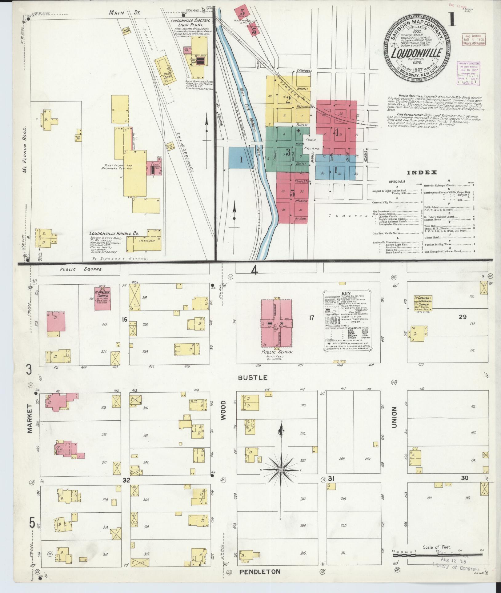 Sanborn Fire Insurance Map from Loudonville, Ashland County, Ohio (1907), Sheet #0001 - Historic Sanborn Fire Insurance Map Print, vintage old map wall art, antique decor, genealogy gift, Ohio Ohio map