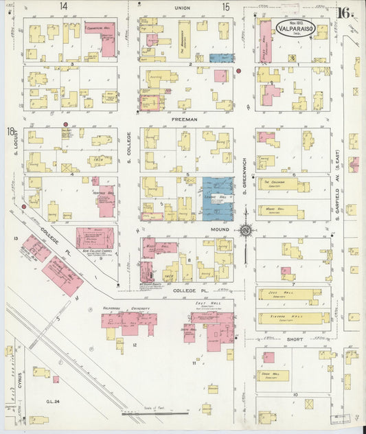 Sanborn Fire Insurance Map from Valparaiso, Porter County, Indiana (1910), Sheet #0016 - Historic Sanborn Fire Insurance Map Print, vintage old map wall art, antique decor, genealogy gift, Indiana Indiana map