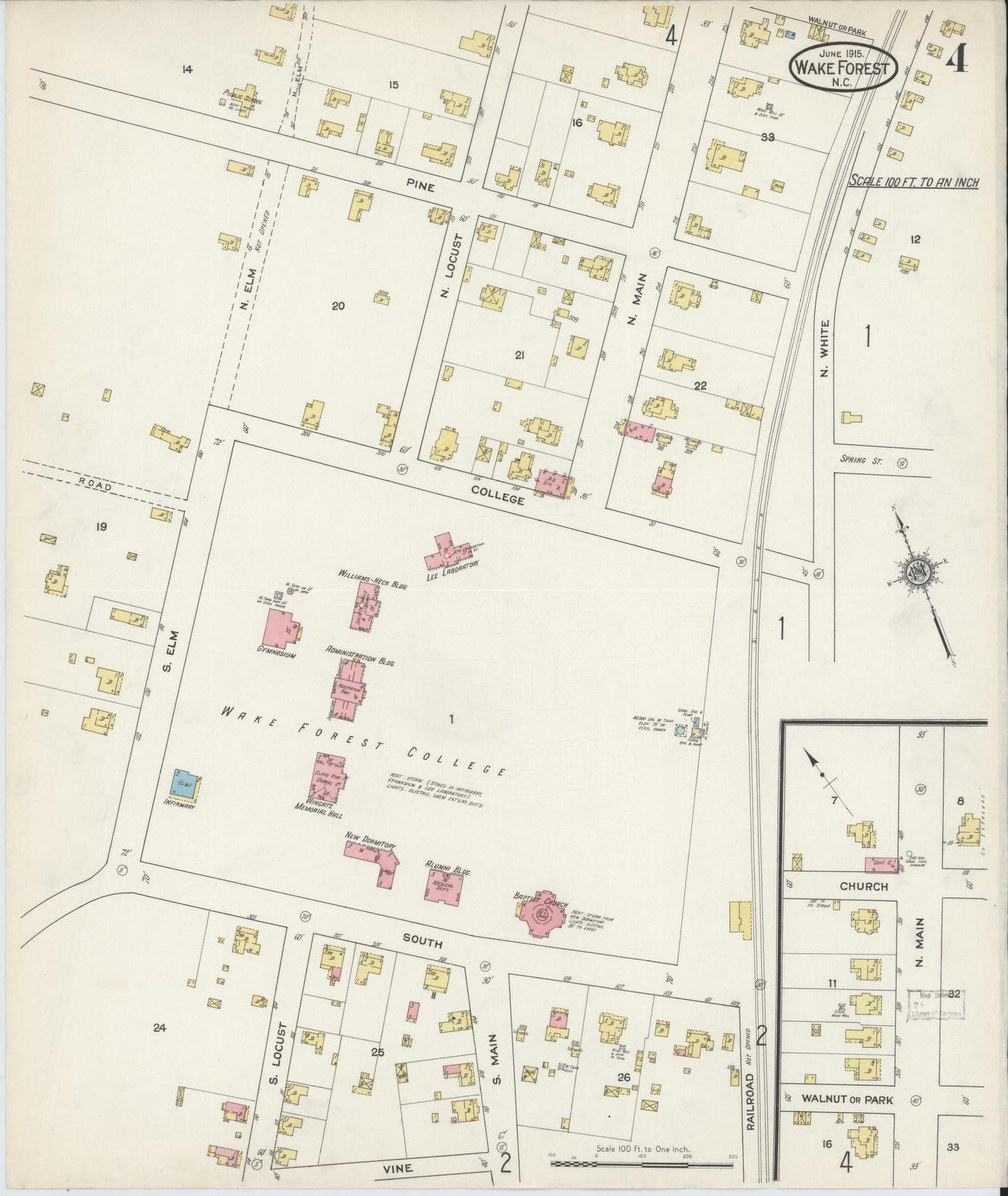 Sanborn Fire Insurance Map from Wake Forest, Wake County, North Carolina (1915), Sheet #0004 - Complete Map Set gallery image, historic Sanborn map, vintage wall art, North Carolina North Carolina
