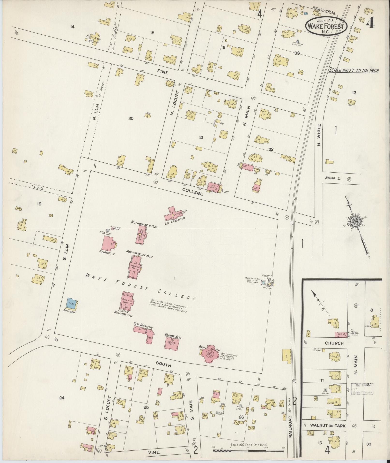 Sanborn Fire Insurance Map from Wake Forest, Wake County, North Carolina (1915), Sheet #0004 - Complete Map Set gallery image, historic Sanborn map, vintage wall art, North Carolina North Carolina
