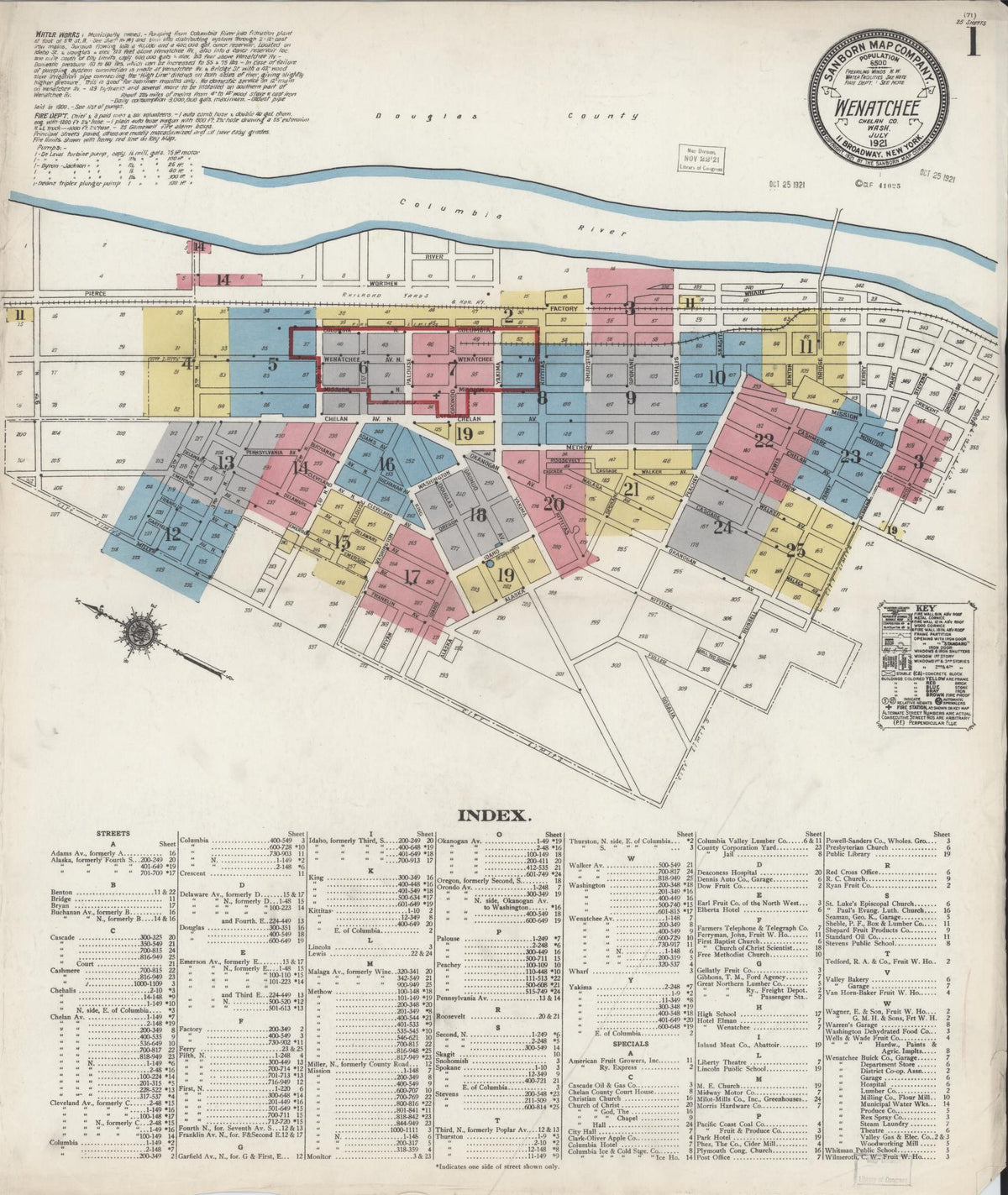 Sanborn Fire Insurance Map from Wenatchee, Chelan County, Washington (1921), Sheet #0001 - Historic Sanborn Fire Insurance Map Print, vintage old map wall art, antique decor, genealogy gift, Washington Washington map