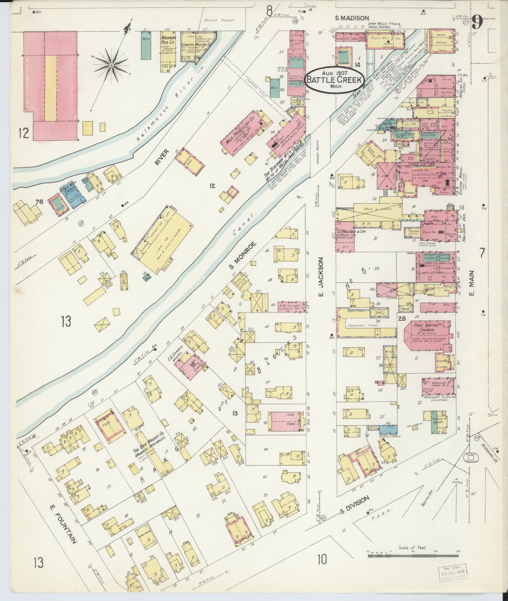 Sanborn Fire Insurance Map from Battle Creek, Calhoun County, Michigan (1907), Sheet #0009 - Complete Map Set gallery image, historic Sanborn map, vintage wall art, Michigan Michigan
